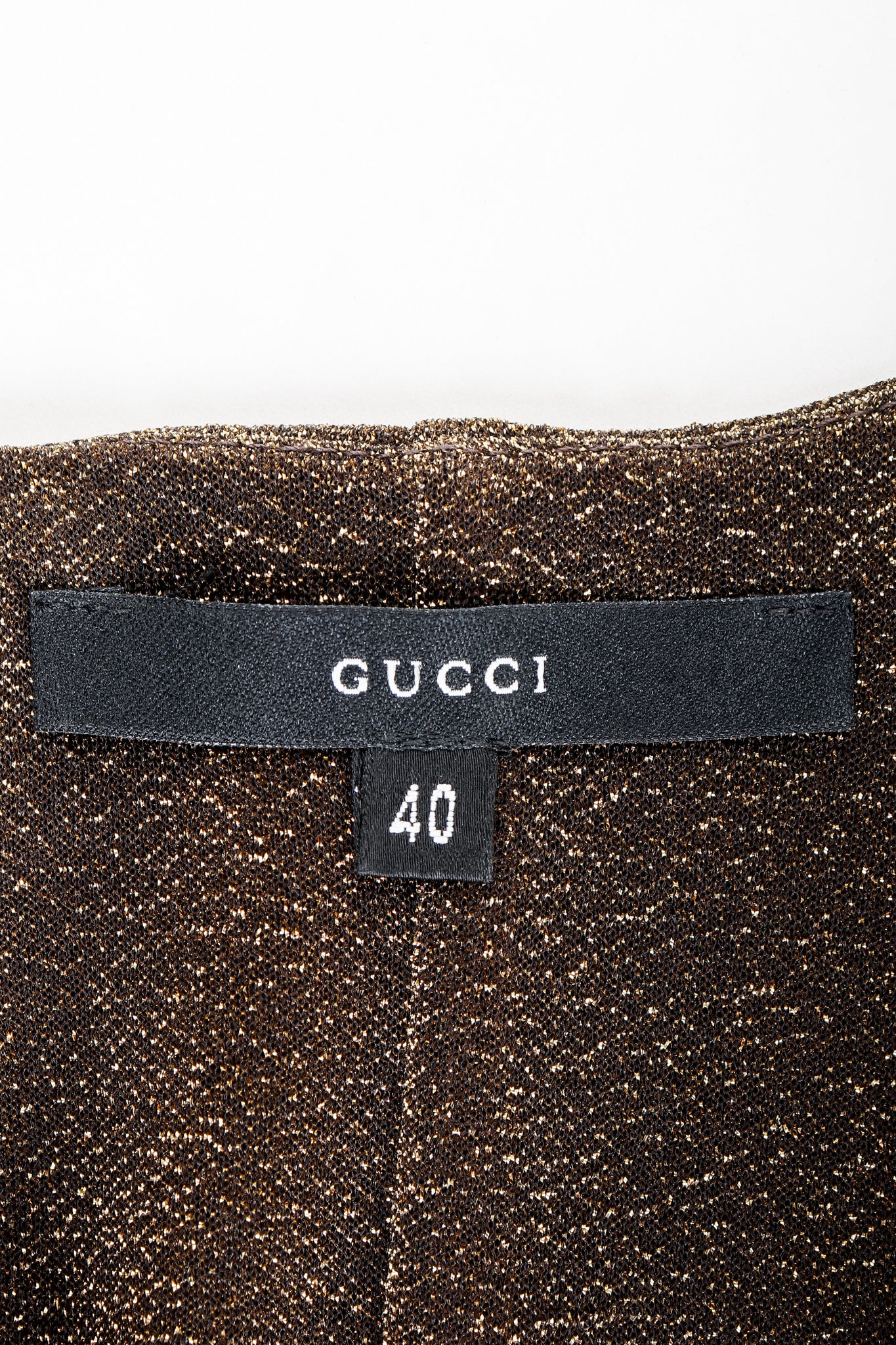 Vintage Gucci Gold Lamé Dionysus Plunge Dress label on fabric Recess Los Angeles
