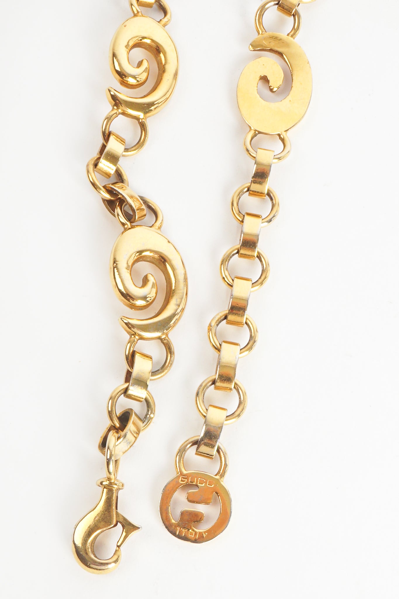 Vintage Gucci Gold G Swirl Chain Belt Clasp detail at Recess Los Angeles