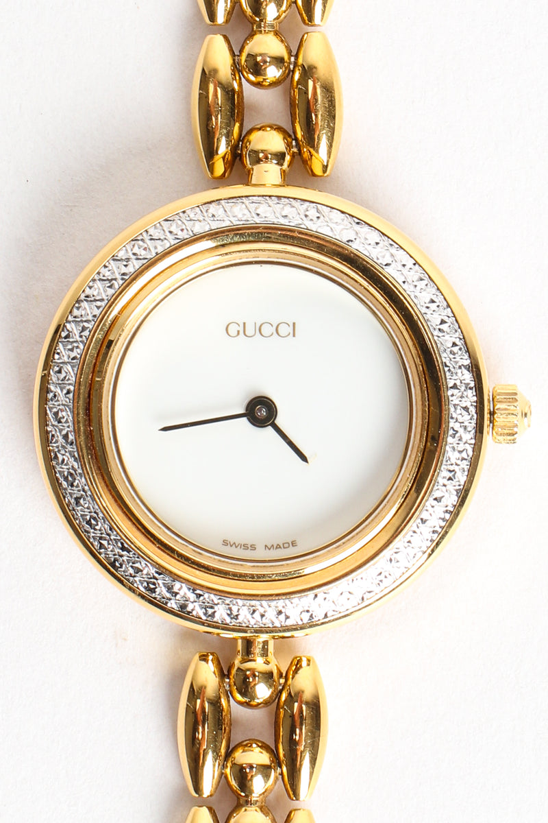 Vintage Gucci 12 Bezel Bracelet Watch Boxed Set diamond cut bezel face at Recess Los Angeles