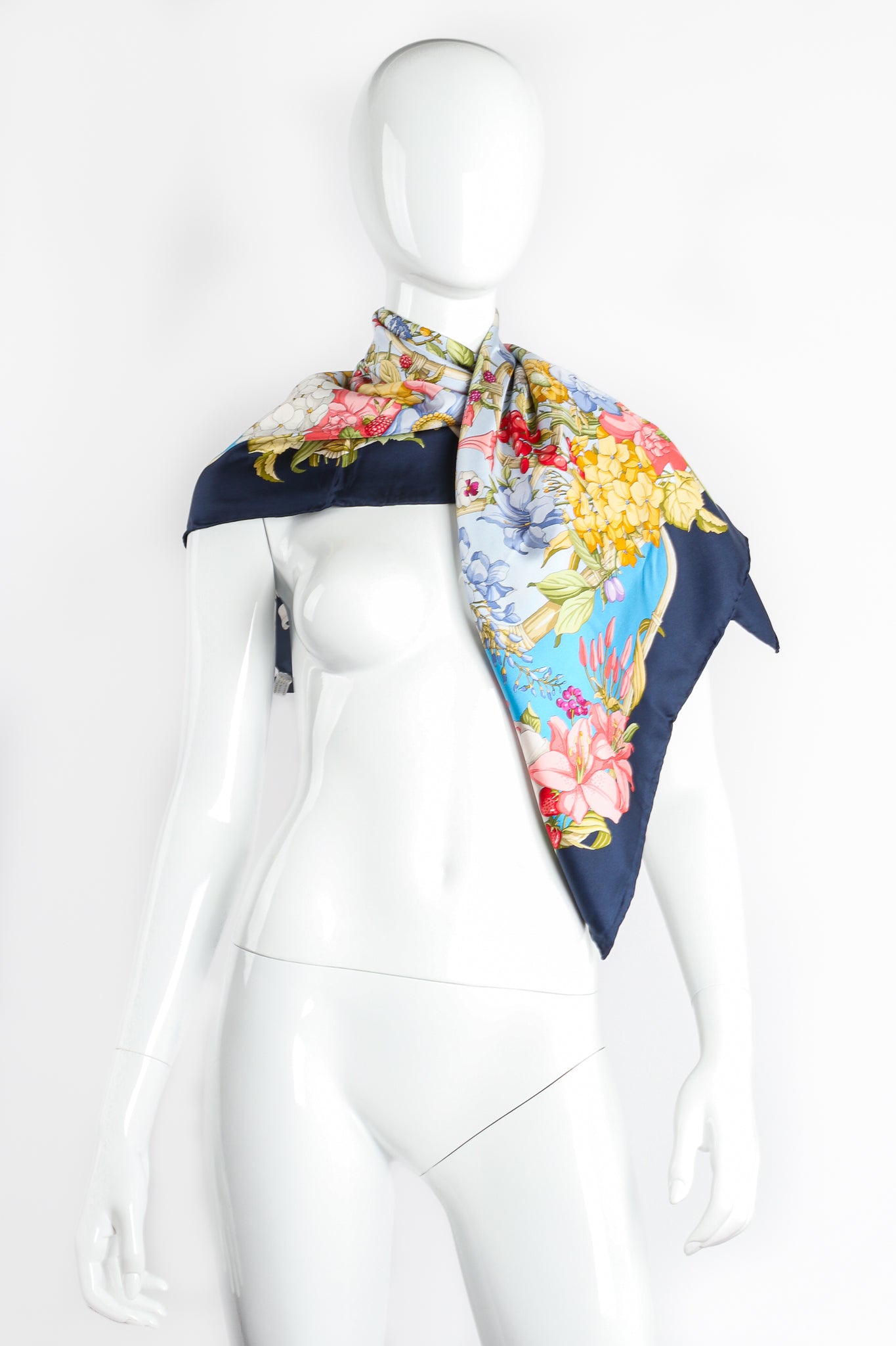 Vintage Gucci Floral Wildflower Berries Silk Scarf on Mannequin Draped at Recess LA
