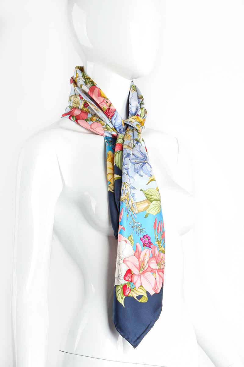 Vintage Gucci Floral Wildflower Berries Silk Scarf on Mannequin Tied at Recess LA