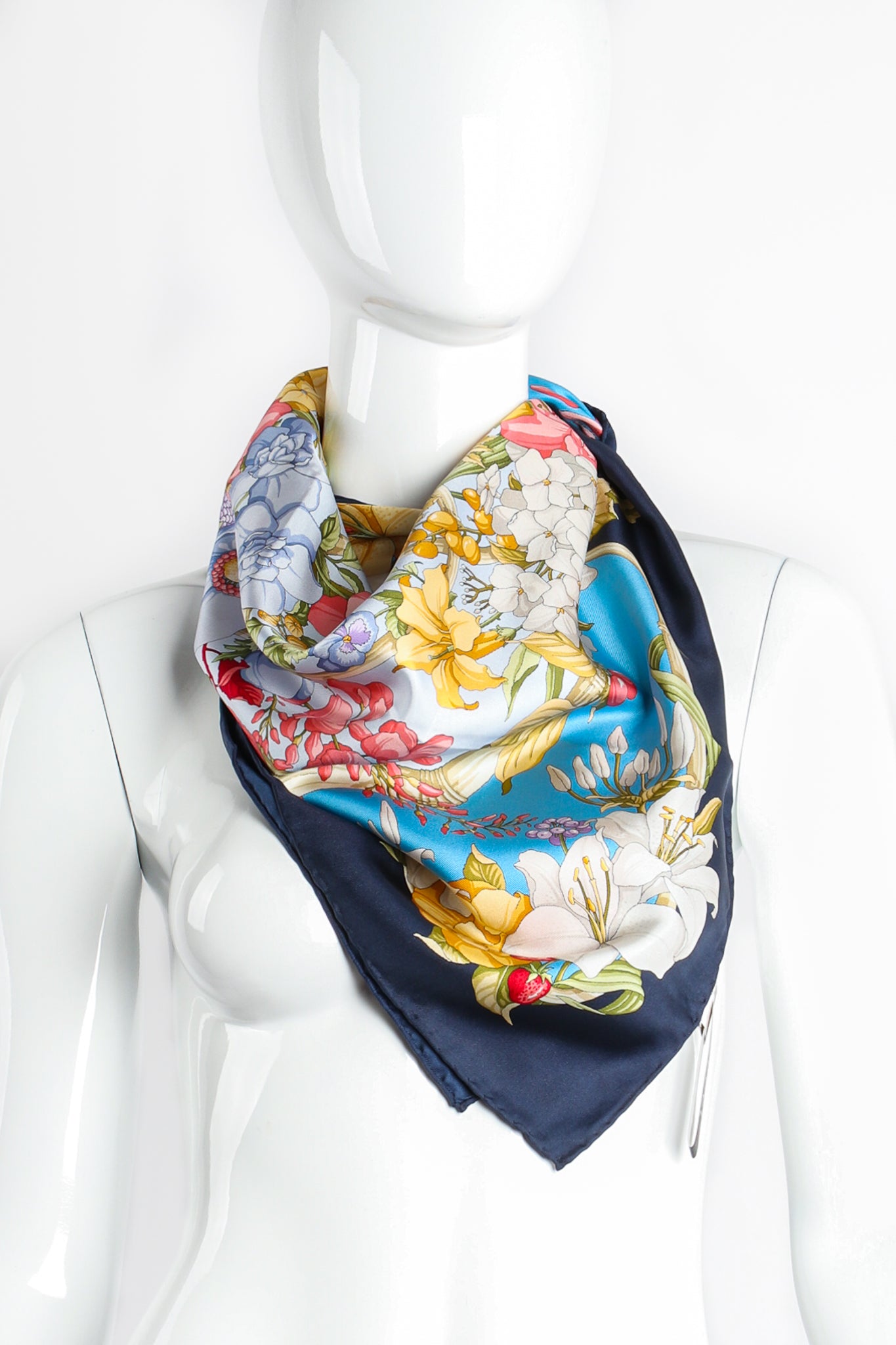 Vintage Gucci Floral Wildflower Berries Silk Scarf on Mannequin at Recess LA