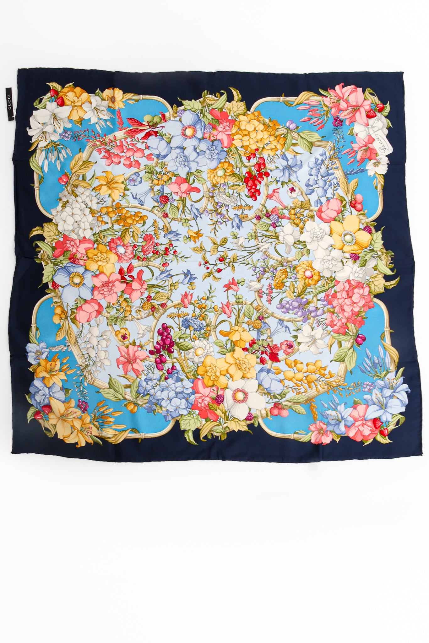 Vintage Gucci Floral Wildflower Berries Silk Scarf Flat Front at Recess LA