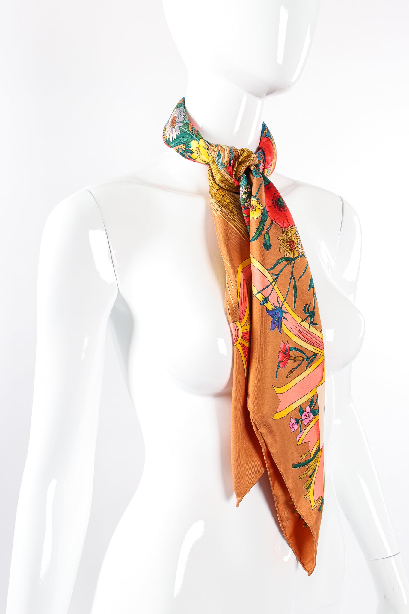 Vintage Gucci V. Accornero Wildflower Wheat Floral Bouquet Scarf on mannequin at Recess Los Angeles