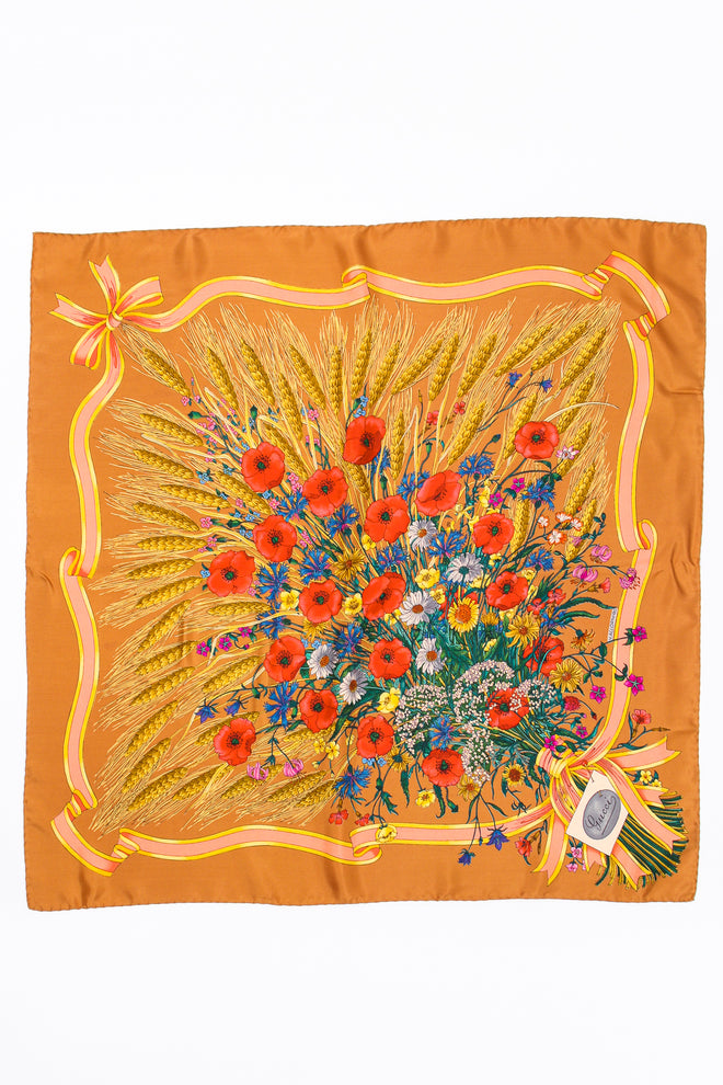 Vintage Gucci V. Accornero Wildflower Wheat Floral Bouquet Scarf flat at Recess Los Angeles