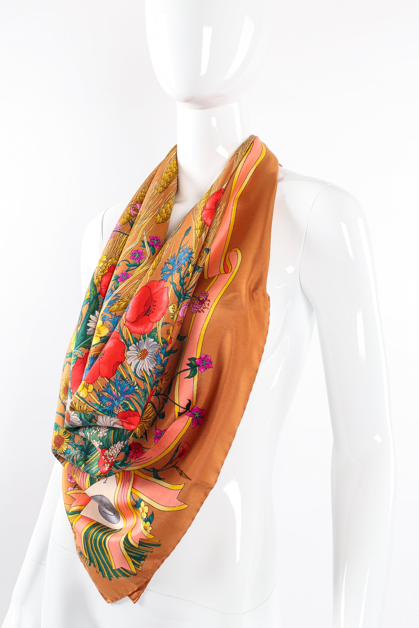 Vintage Gucci V. Accornero Wildflower Wheat Floral Bouquet Scarf on mannequin at Recess Los Angeles