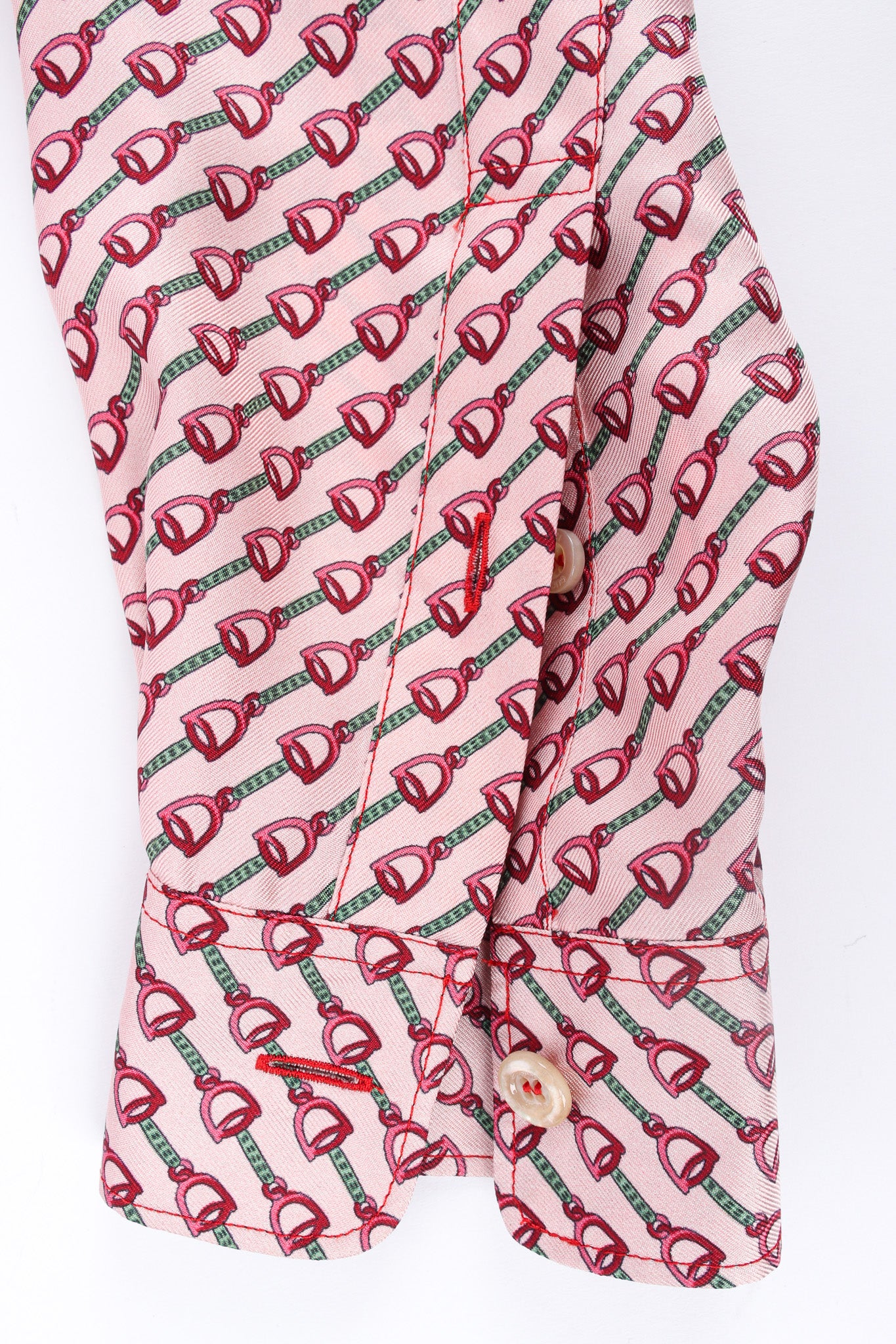 Gucci Horsebit Print Silk Blouse closeup of cuff at Recess LA