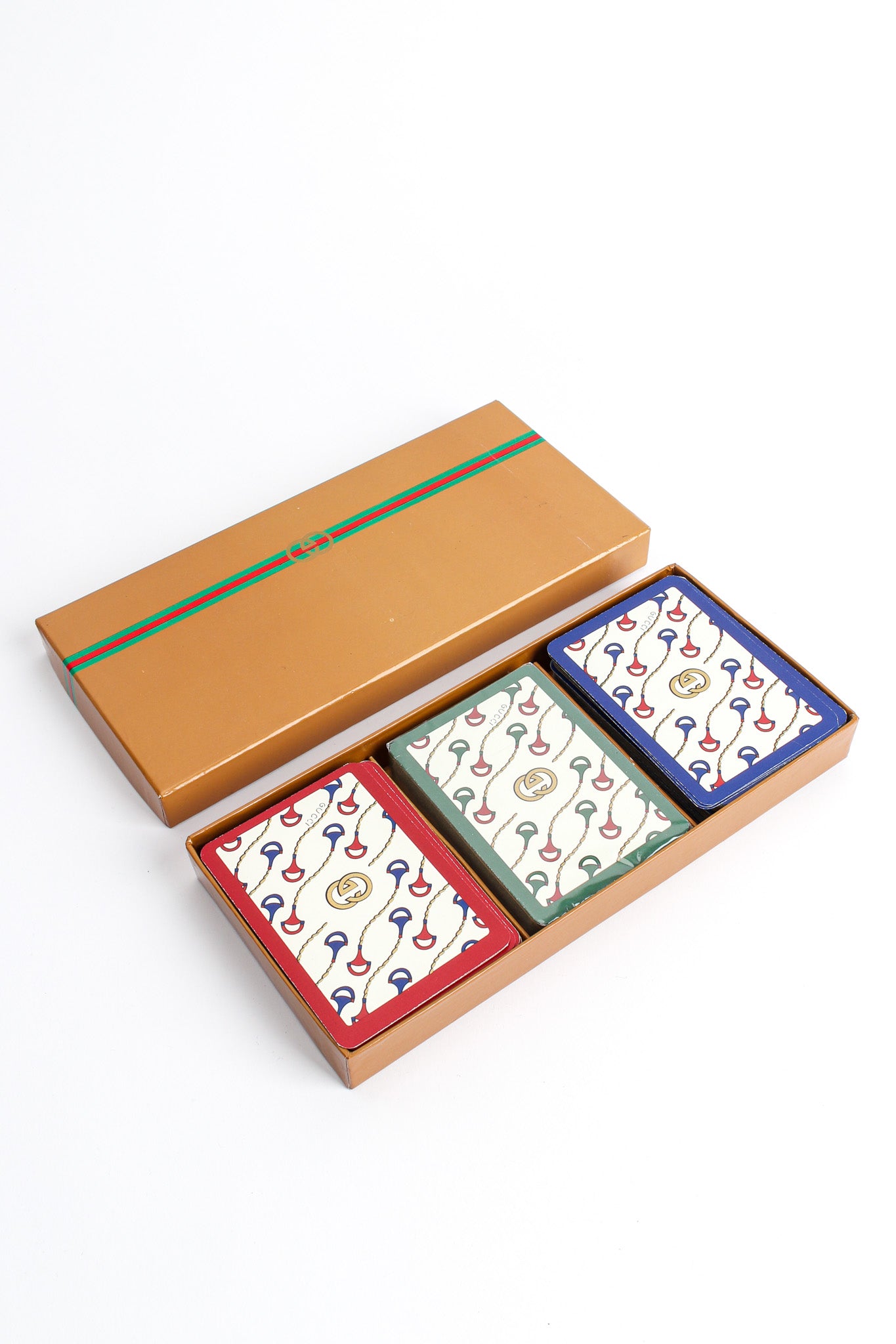 Vintage Gucci 3 Deck Signed Playing Card Boxed Set front angle @ Recess LA