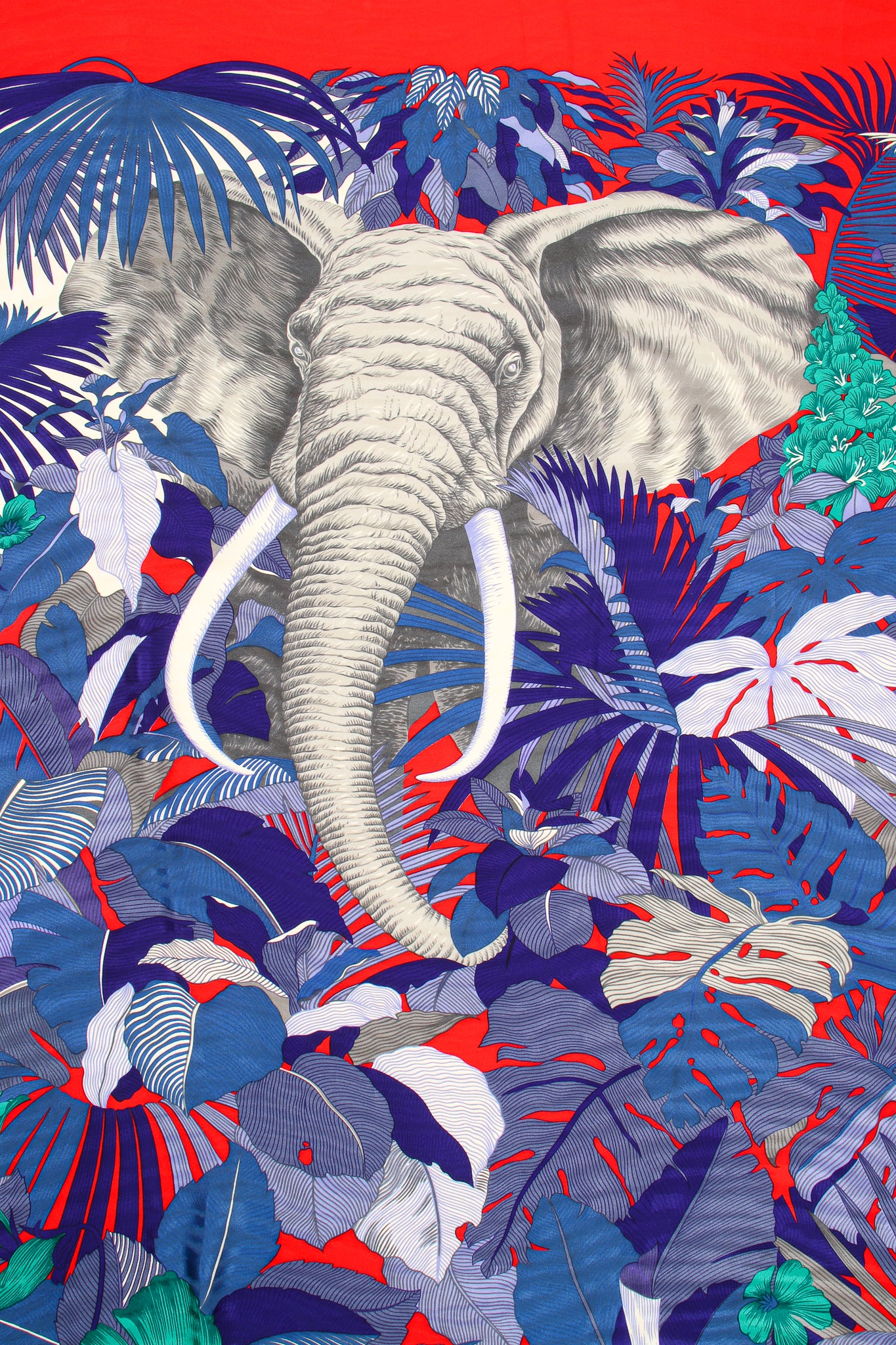 Vintage Gucci Oversized Tropical Elephant Silk Scarf print detail at Recess Los Angeles