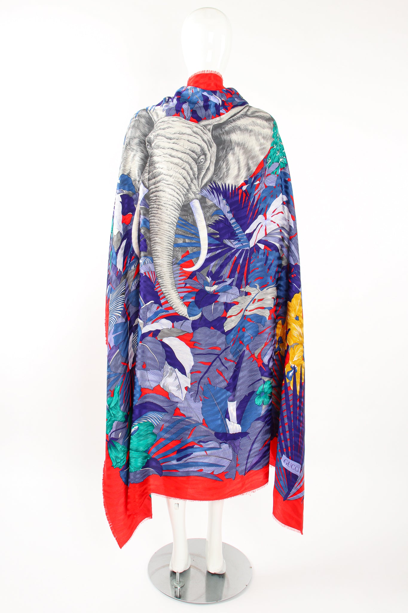 Vintage Gucci Oversized Tropical Elephant Silk Scarf on Mannequin at Recess Los Angeles