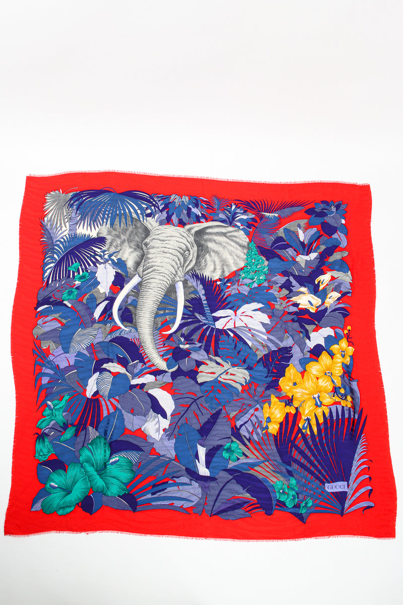 Vintage Gucci Oversized Tropical Elephant Silk Scarf flat at Recess Los Angeles