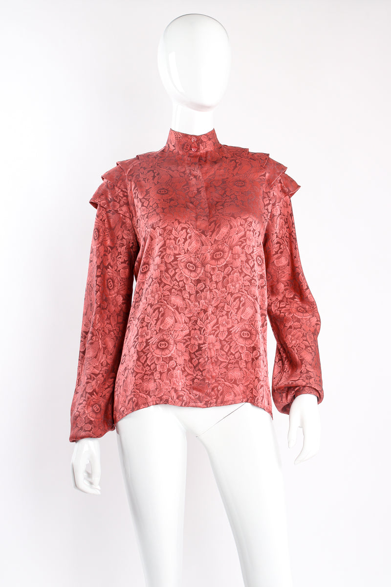 Vintage Gucci GG Logo Floral Jacquard Silk Blouse on mannequin front at Recess Los Angeles