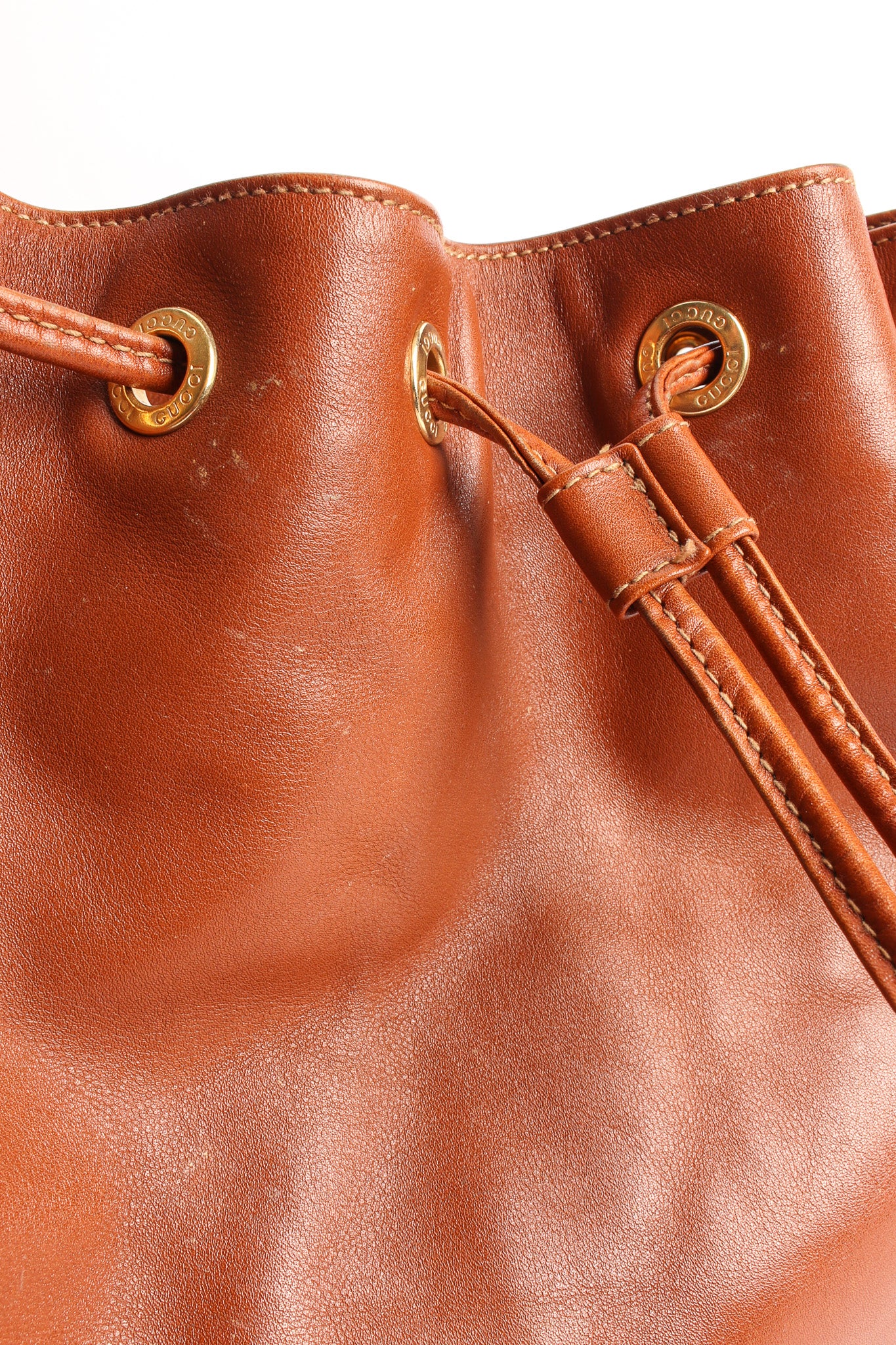 Vintage Gucci Drawstring Leather Bucket Bag front marks @ Recess LA