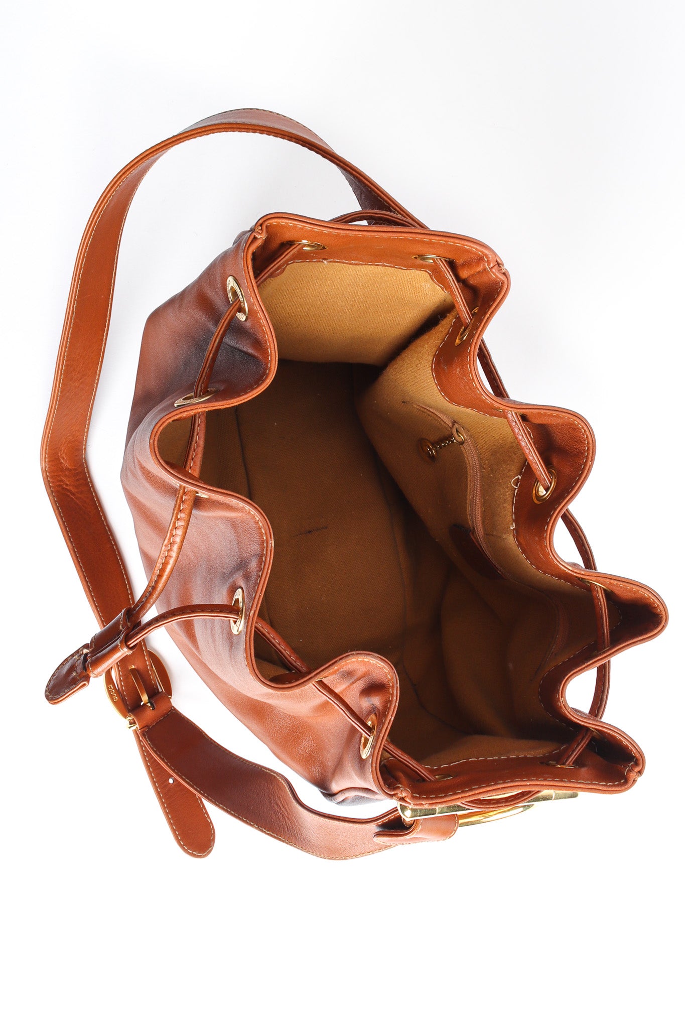 Vintage Gucci Drawstring Leather Bucket Bag opened top @ Recess LA