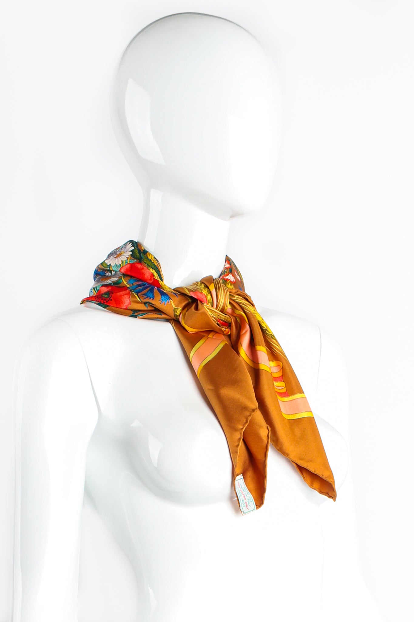 Vintage Gucci V. Accornero Wildflower Wheat Floral Bouquet Scarf on Mannequin Tied at Recess Los Angeles