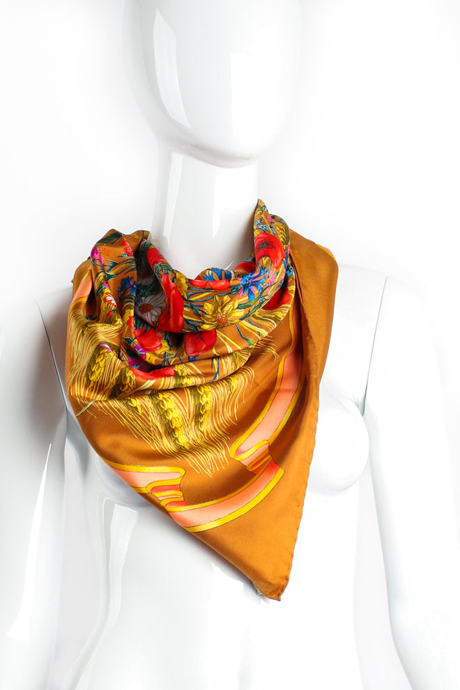 Vintage Gucci V. Accornero Wildflower Wheat Floral Bouquet Scarf on Mannequin Tied at Recess Los Angeles