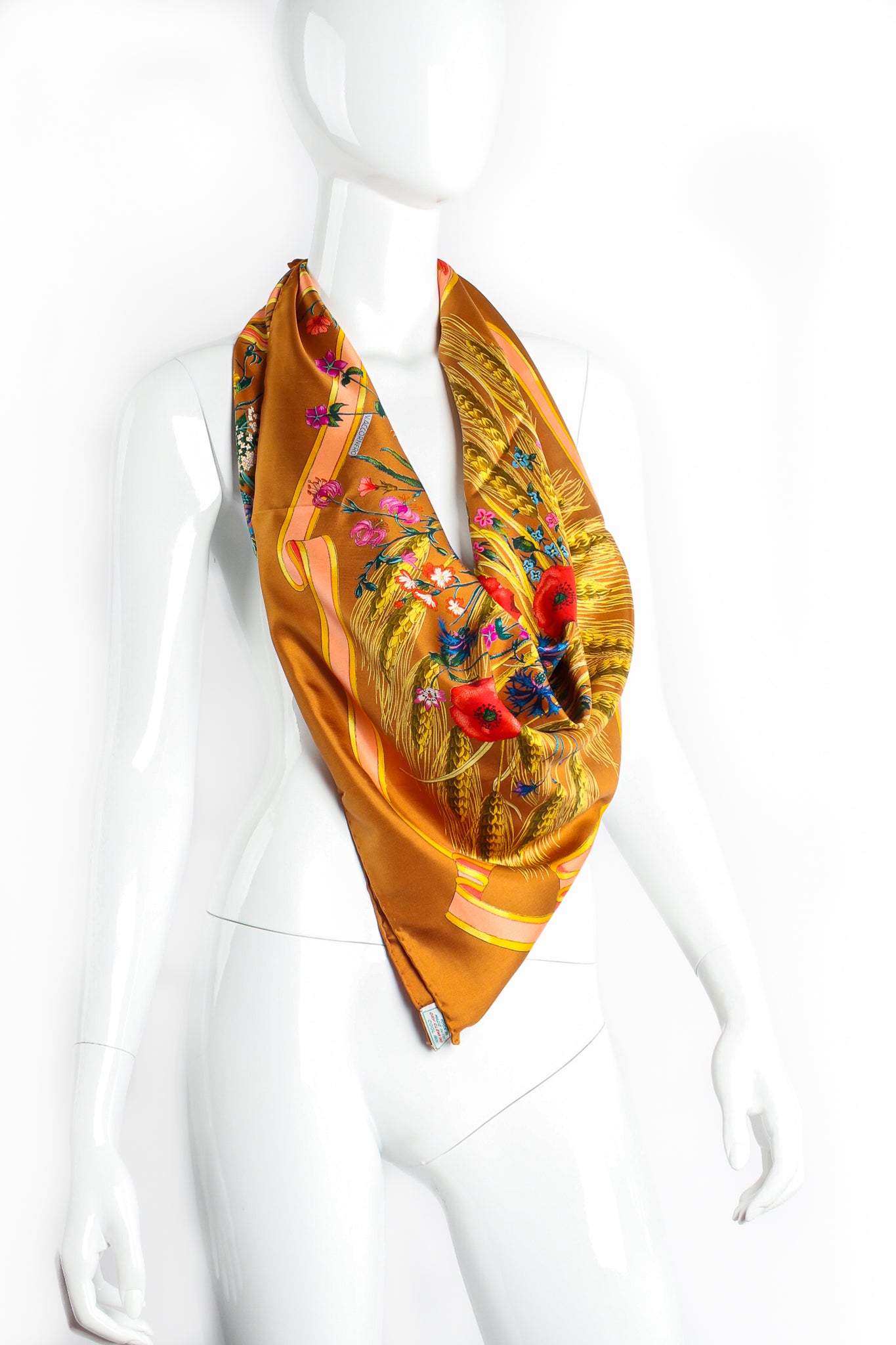 Vintage Gucci V. Accornero Wildflower Wheat Floral Bouquet Scarf on Mannequin at Recess Los Angeles