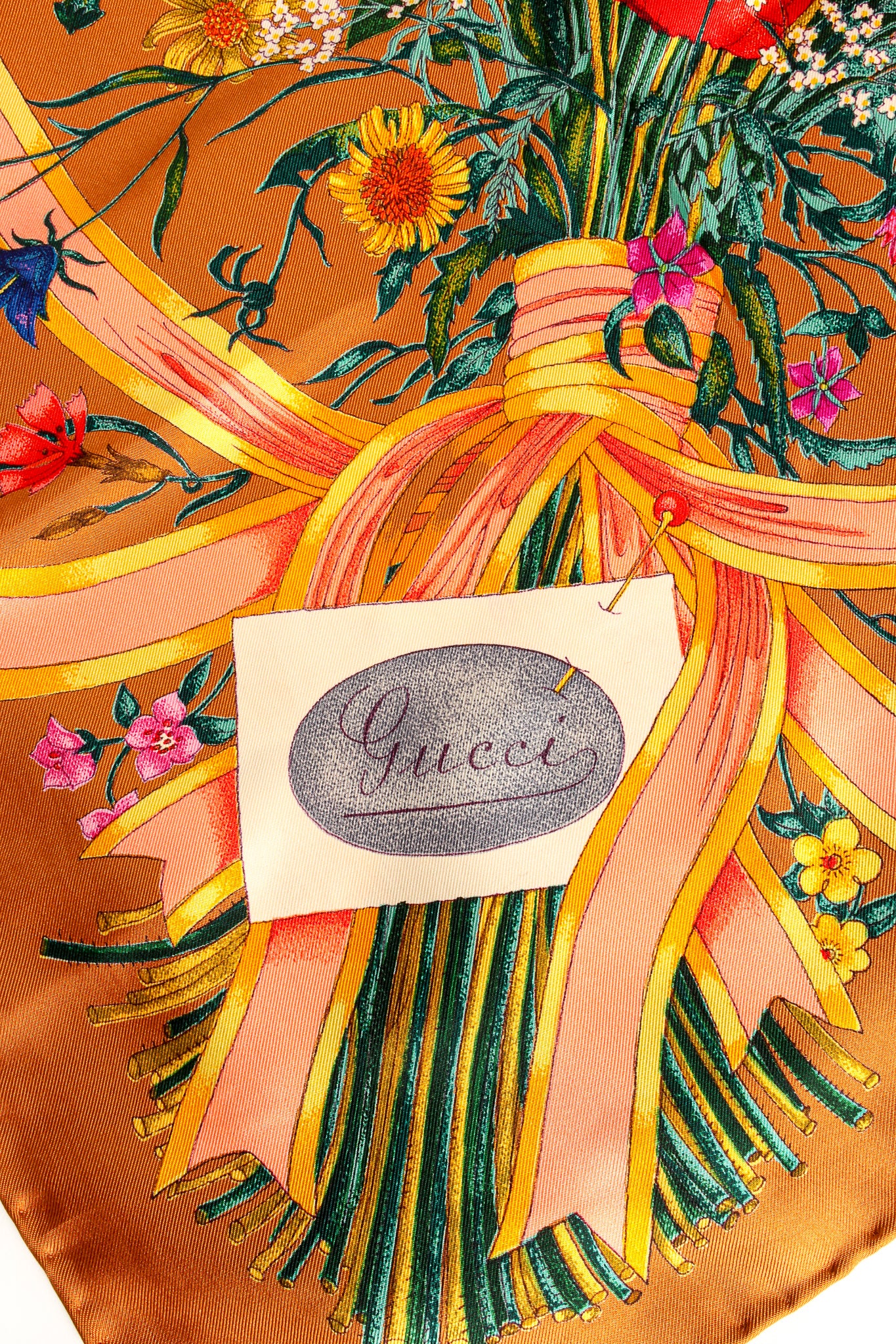 Vintage Gucci V. Accornero Wildflower Wheat Floral Bouquet Scarf Closeup Signature at Recess Los Angeles