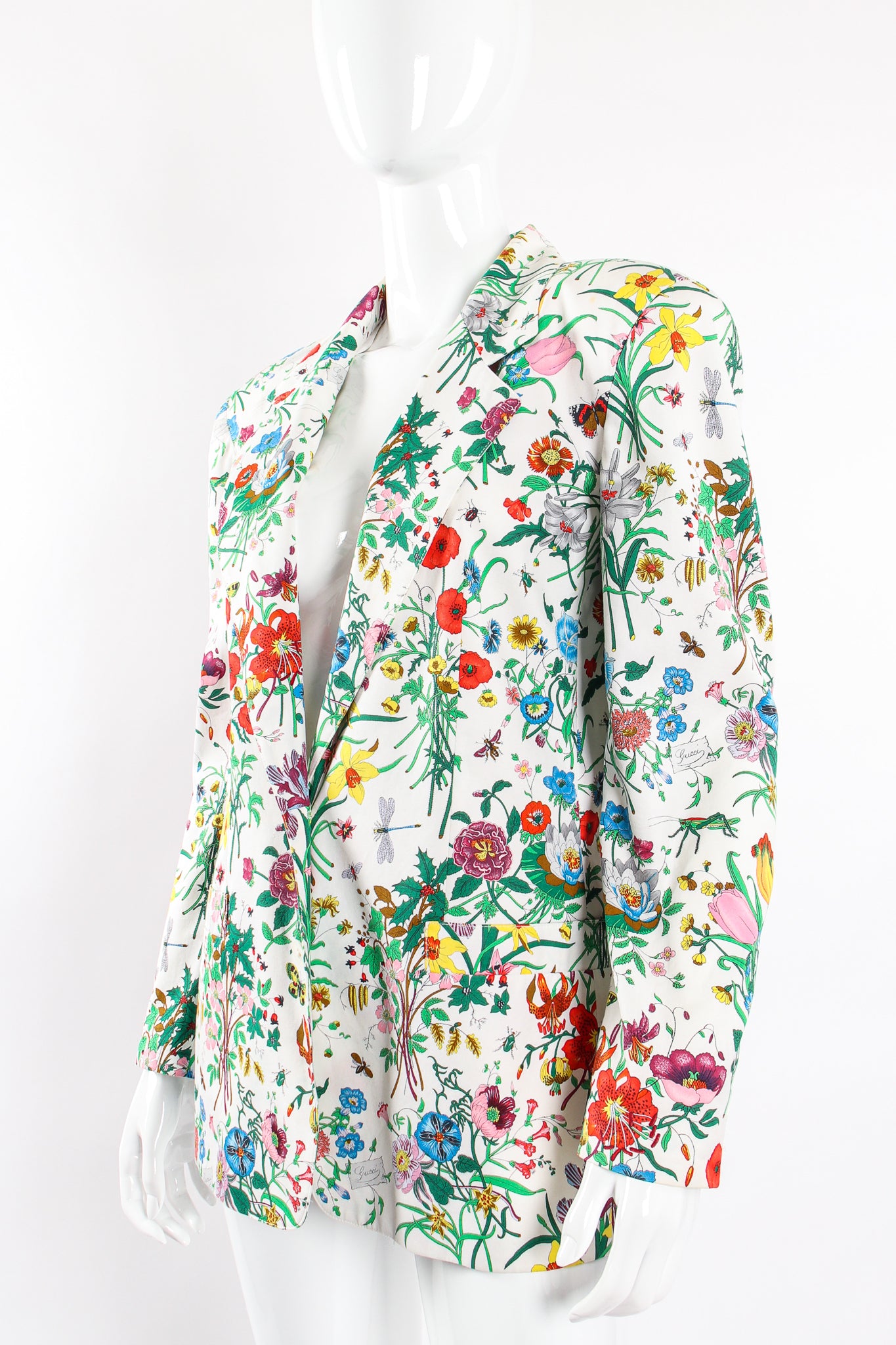 Vintage Gucci Iconic Flora Print Jacket on Mannequin angle at Recess Los Angeles