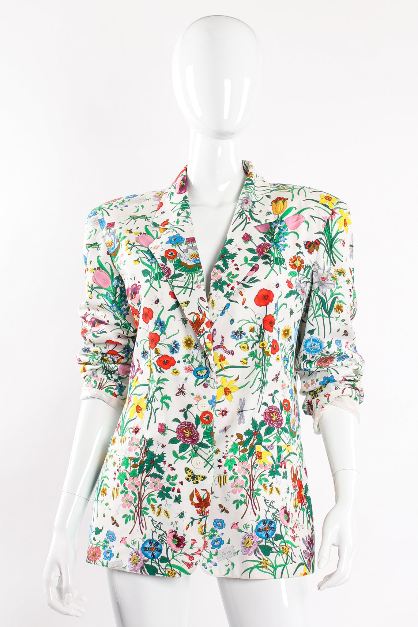 Vintage Gucci Iconic Flora Print Jacket on Mannequin front rolled at Recess Los Angeles