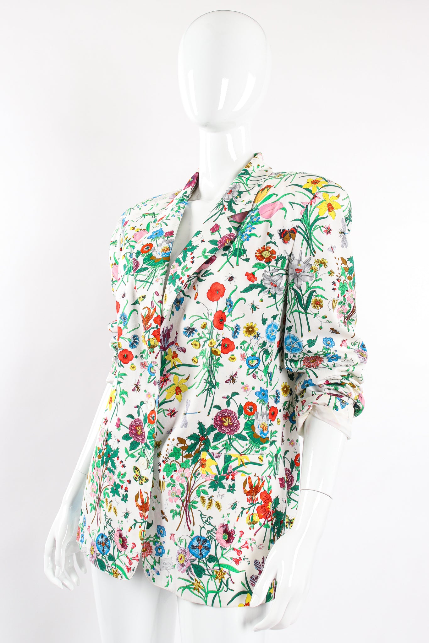 Vintage Gucci Iconic Flora Print Jacket on Mannequin angle rolled at Recess Los Angeles