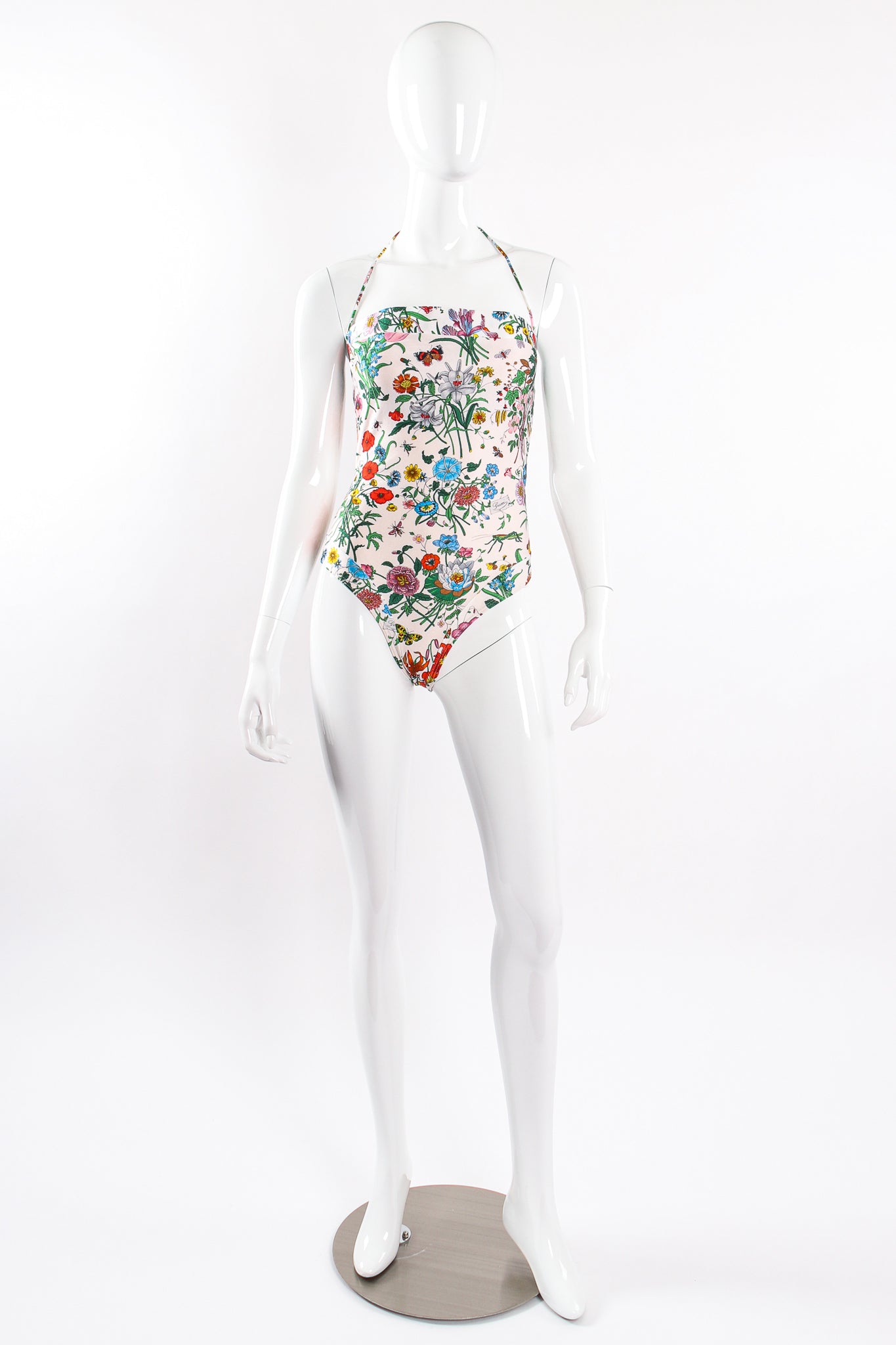 Vintage Gucci Flora Print Maillot Swimsuit on Mannequin front at Recess Los Angeles