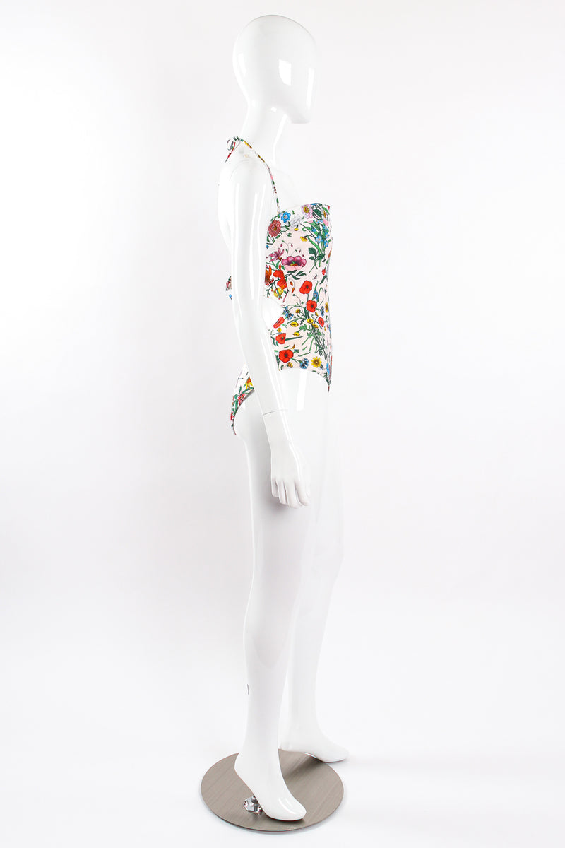 Vintage Gucci Flora Print Maillot Swimsuit on Mannequin side at Recess Los Angeles