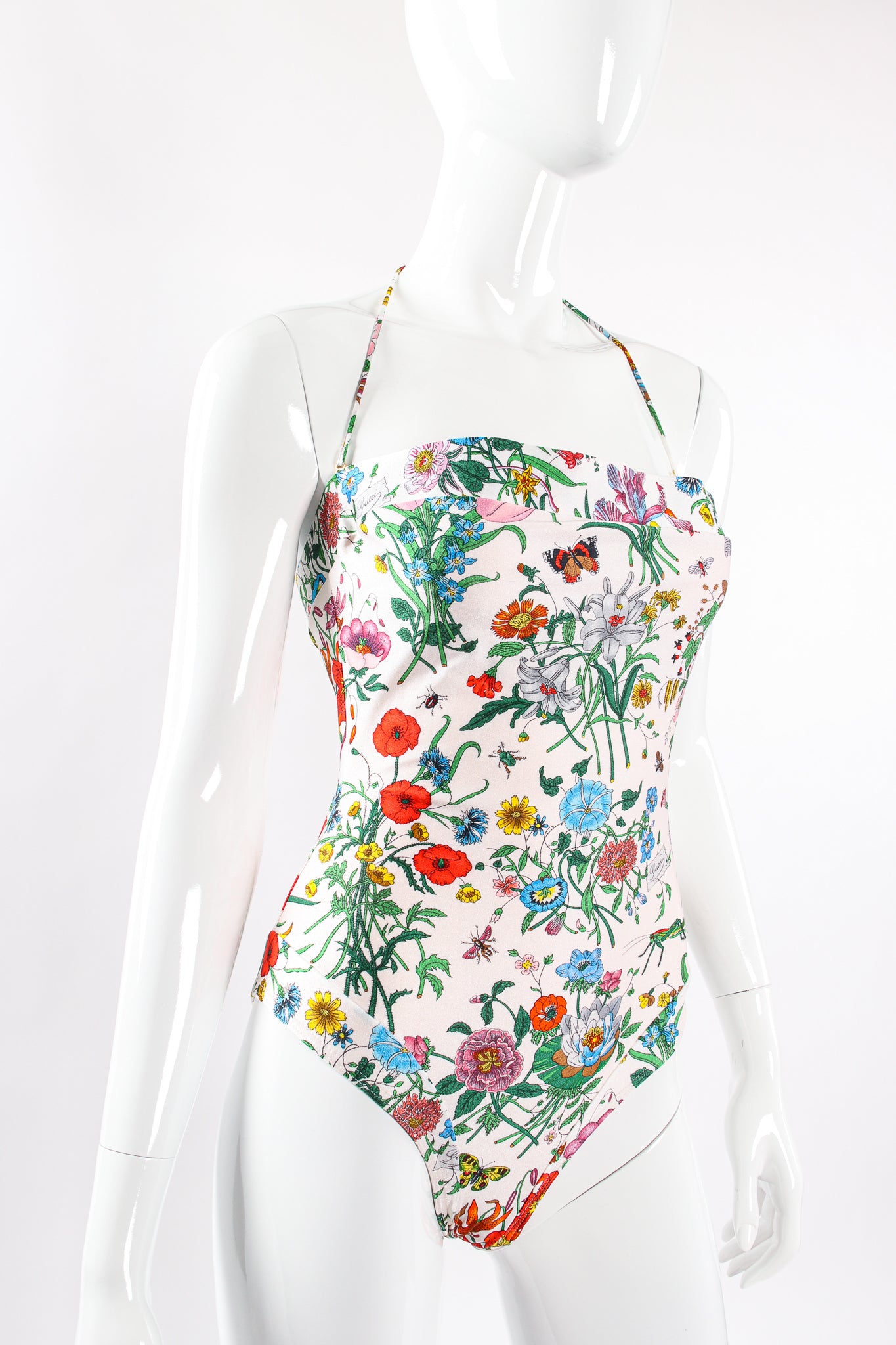 Vintage Gucci Flora Print Maillot Swimsuit on Mannequin front crop at Recess Los Angeles