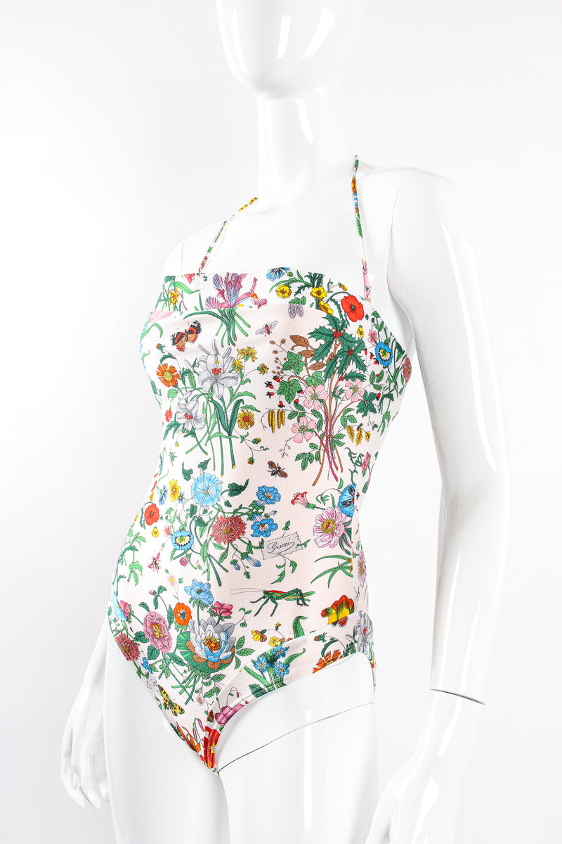Vintage Gucci Flora Print Maillot Swimsuit on Mannequin front crop at Recess Los Angeles