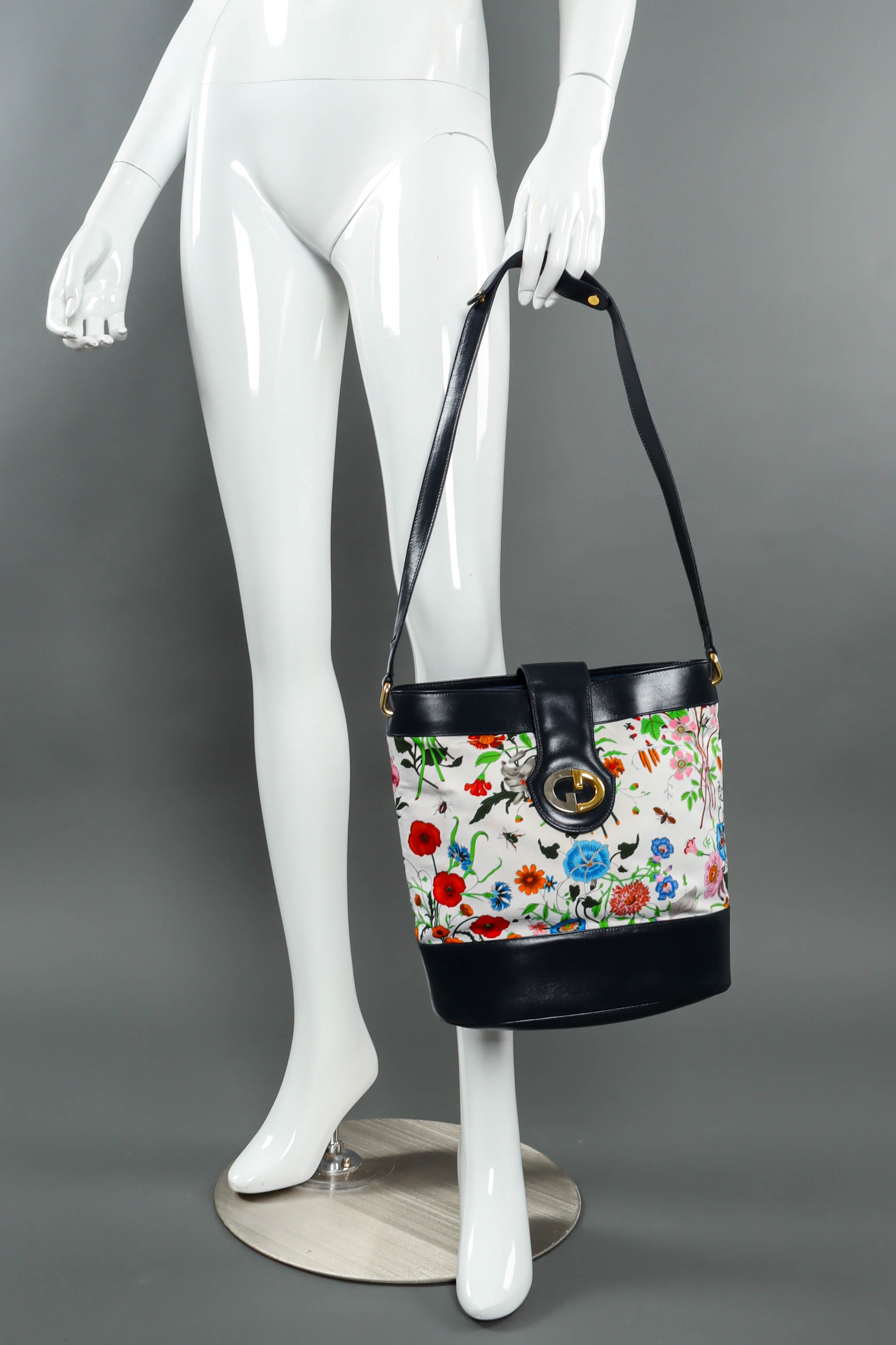 Vintage Gucci 1980 Botanical Flora Bucket Shoulder Bag mannequin hand hold @ Recess LA