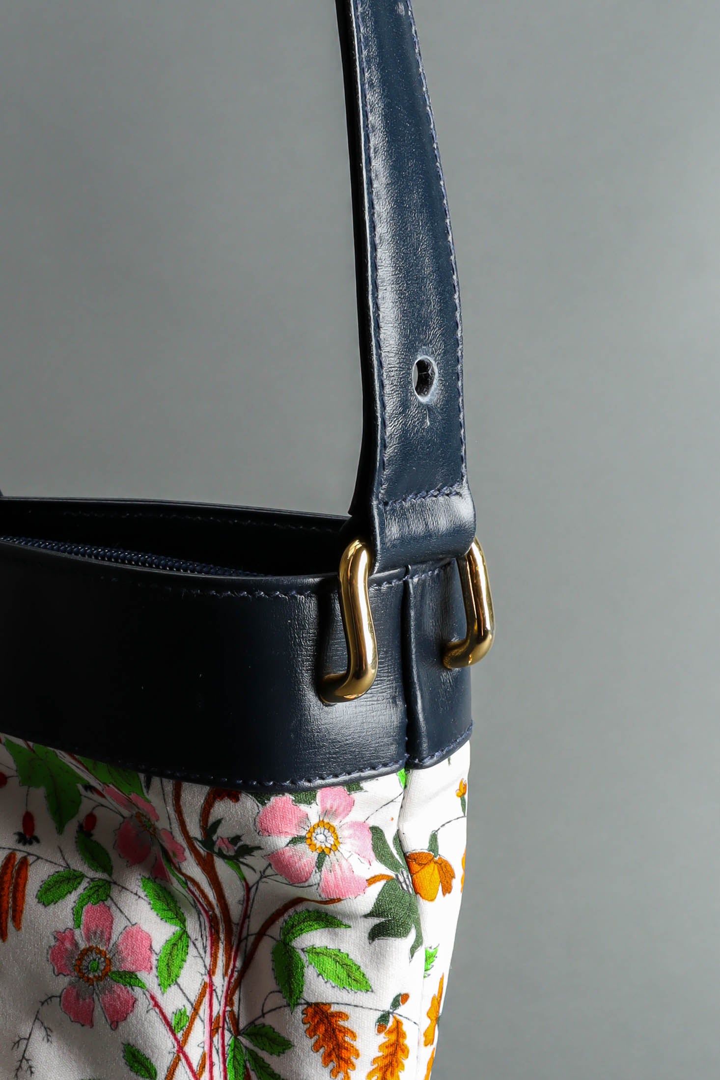 Vintage Gucci 1980 Botanical Flora Bucket Shoulder Bag side close up detail @ Recess LA