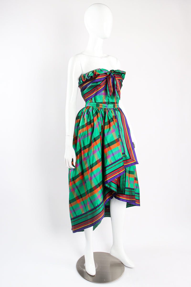 Vintage Guy Laroche Rainbow Plaid Silk Dress & Skirt Set on mannequin angle at Recess Los Angeles