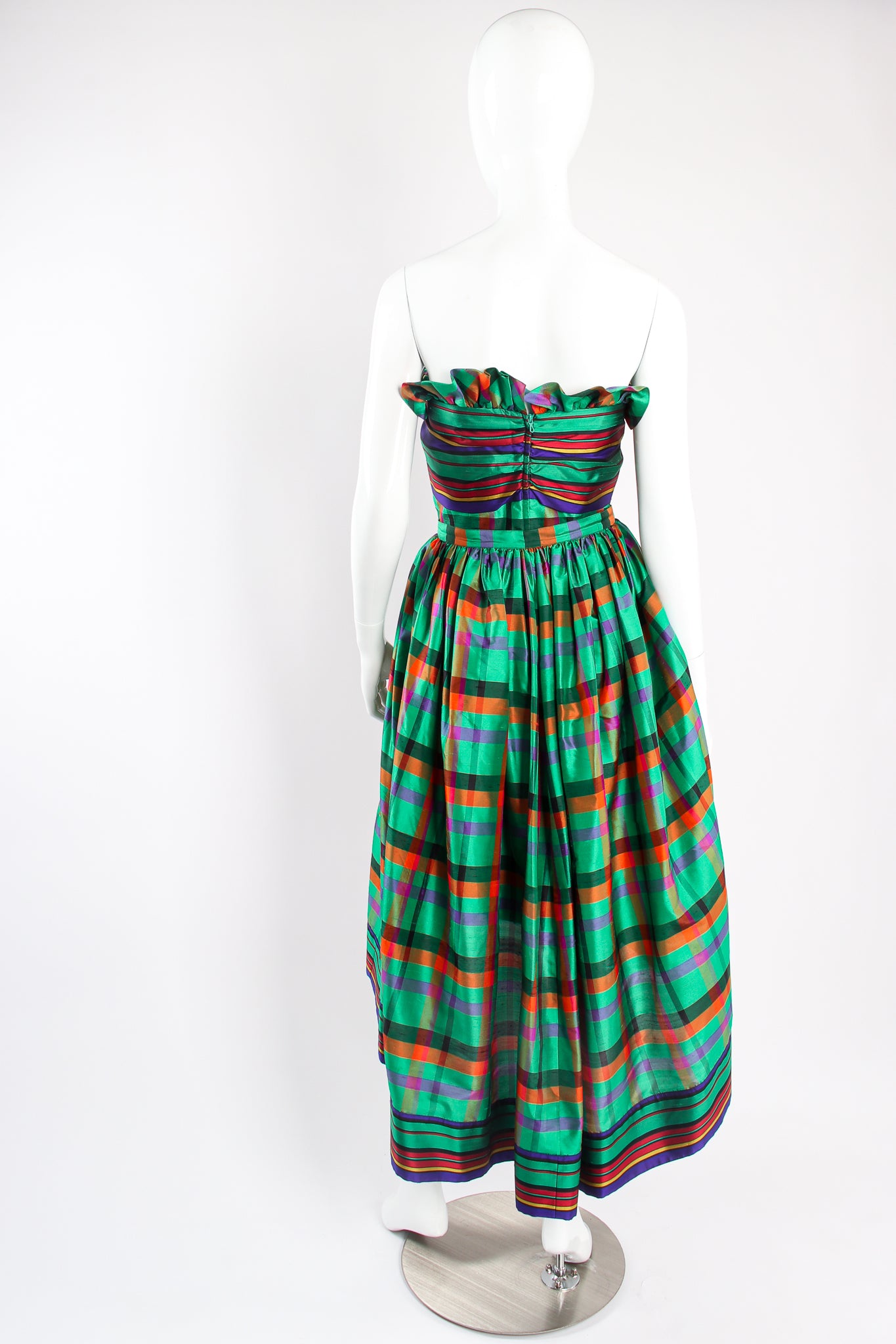 Vintage Guy Laroche Rainbow Plaid Silk Dress & Skirt Set on mannequin back at Recess Los Angeles