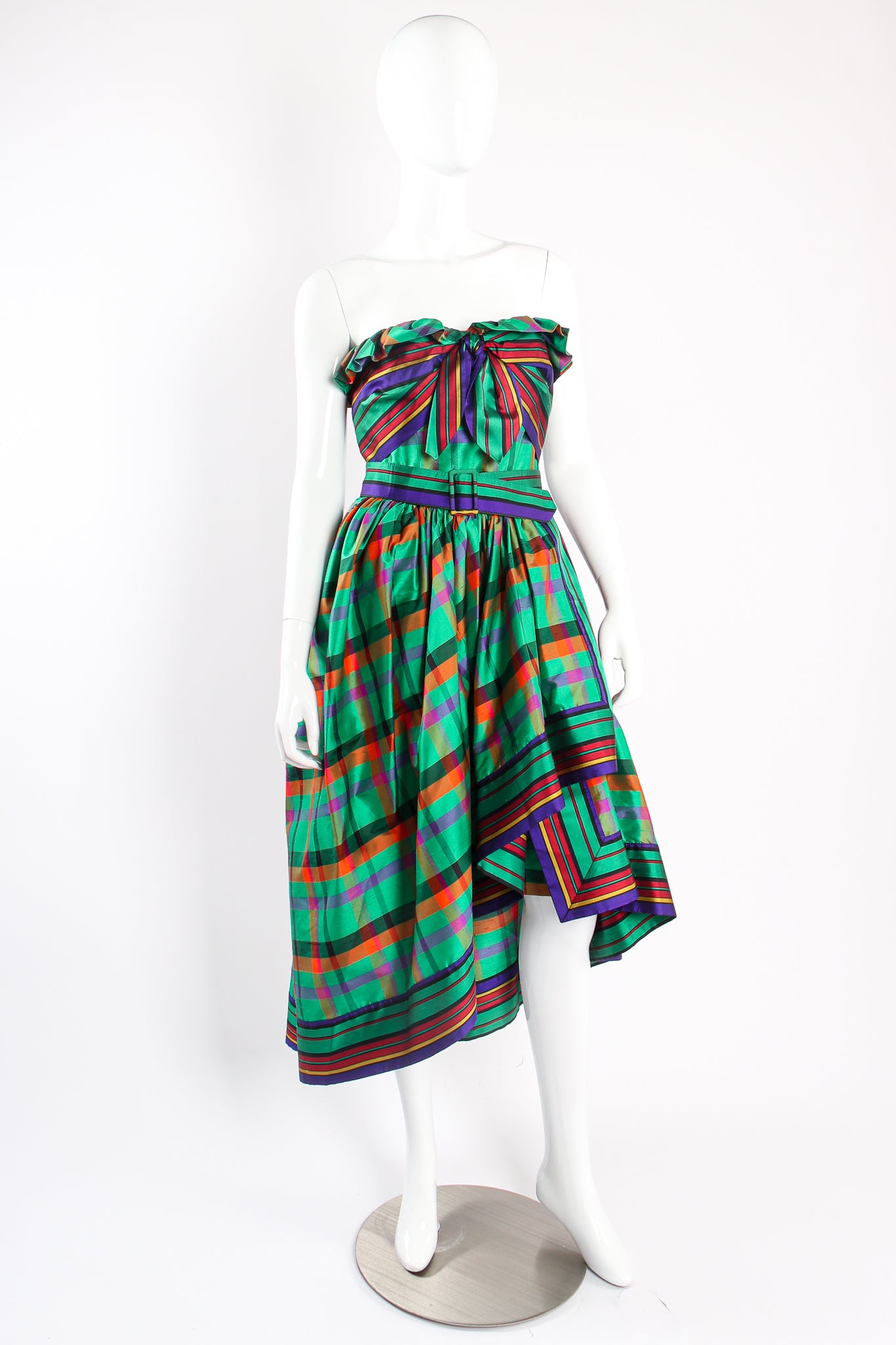 Vintage Guy Laroche Rainbow Plaid Silk Dress & Skirt Set on mannequin front at Recess Los Angeles