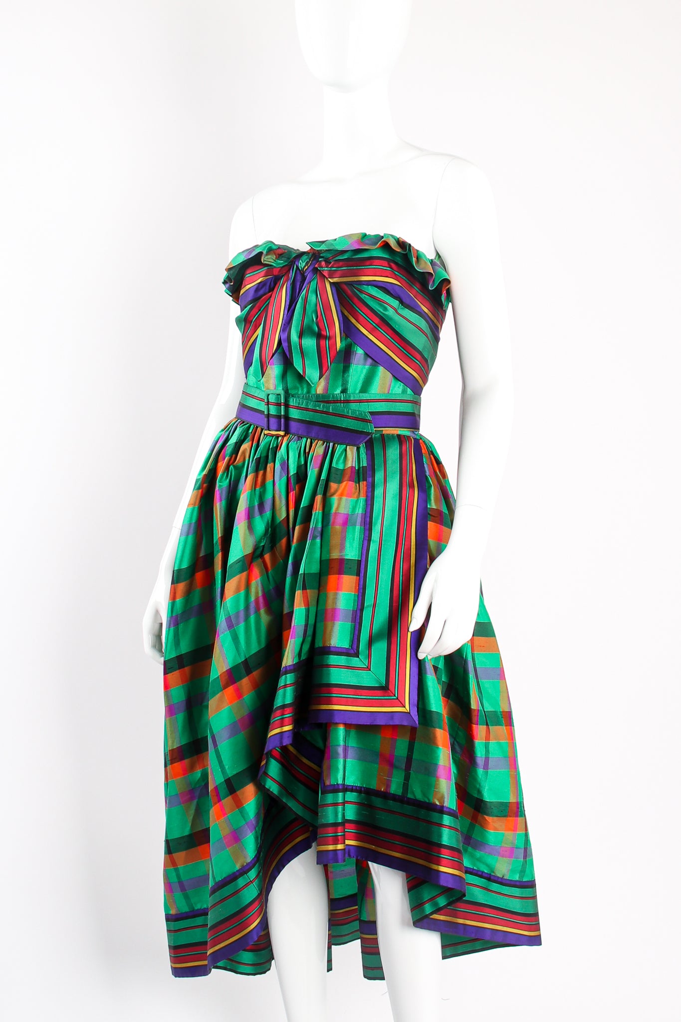 Vintage Guy Laroche Rainbow Plaid Silk Dress & Skirt Set on mannequin crop at Recess Los Angeles