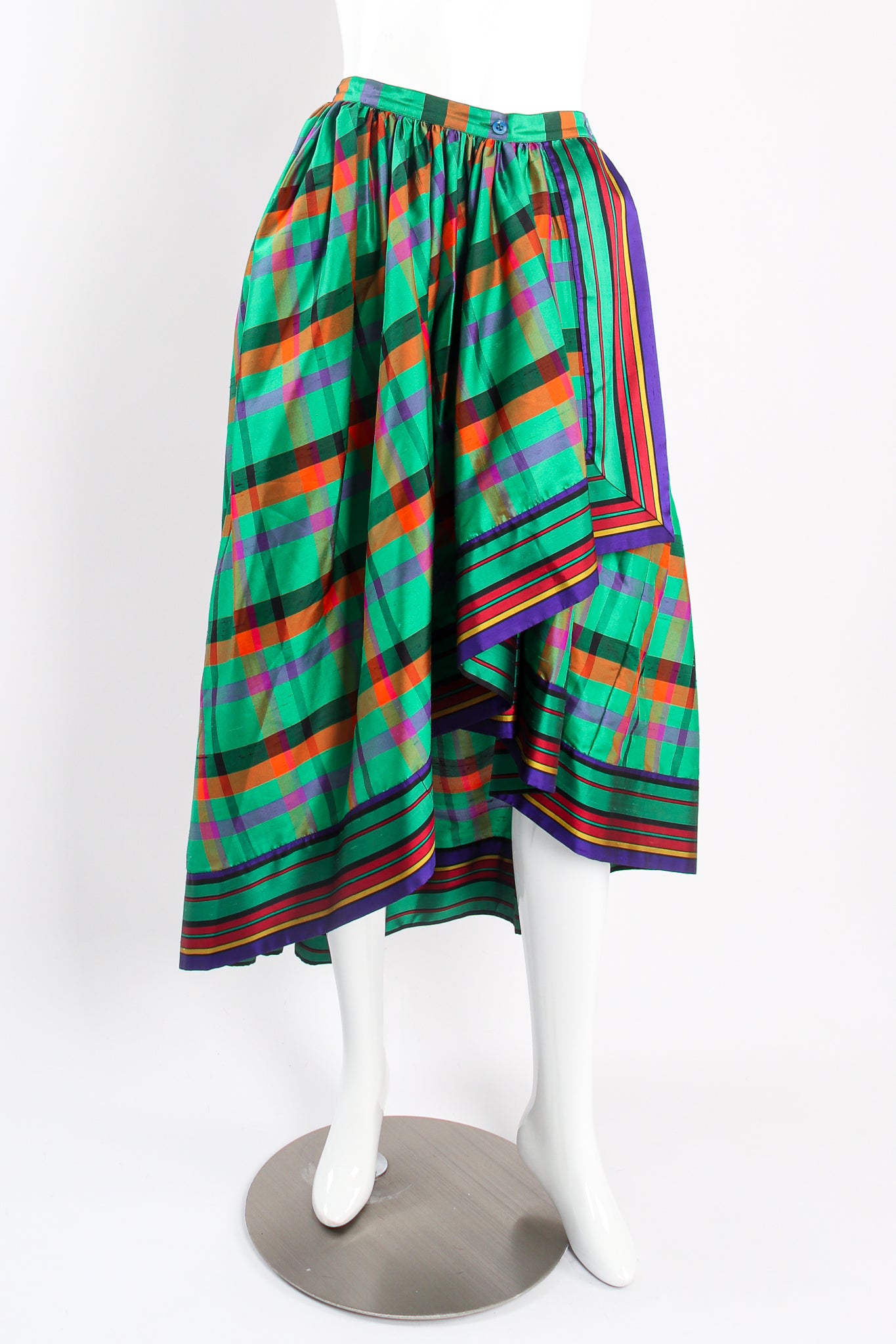 Vintage Guy Laroche Rainbow Plaid Silk Skirt Set on mannequin front at Recess Los Angeles