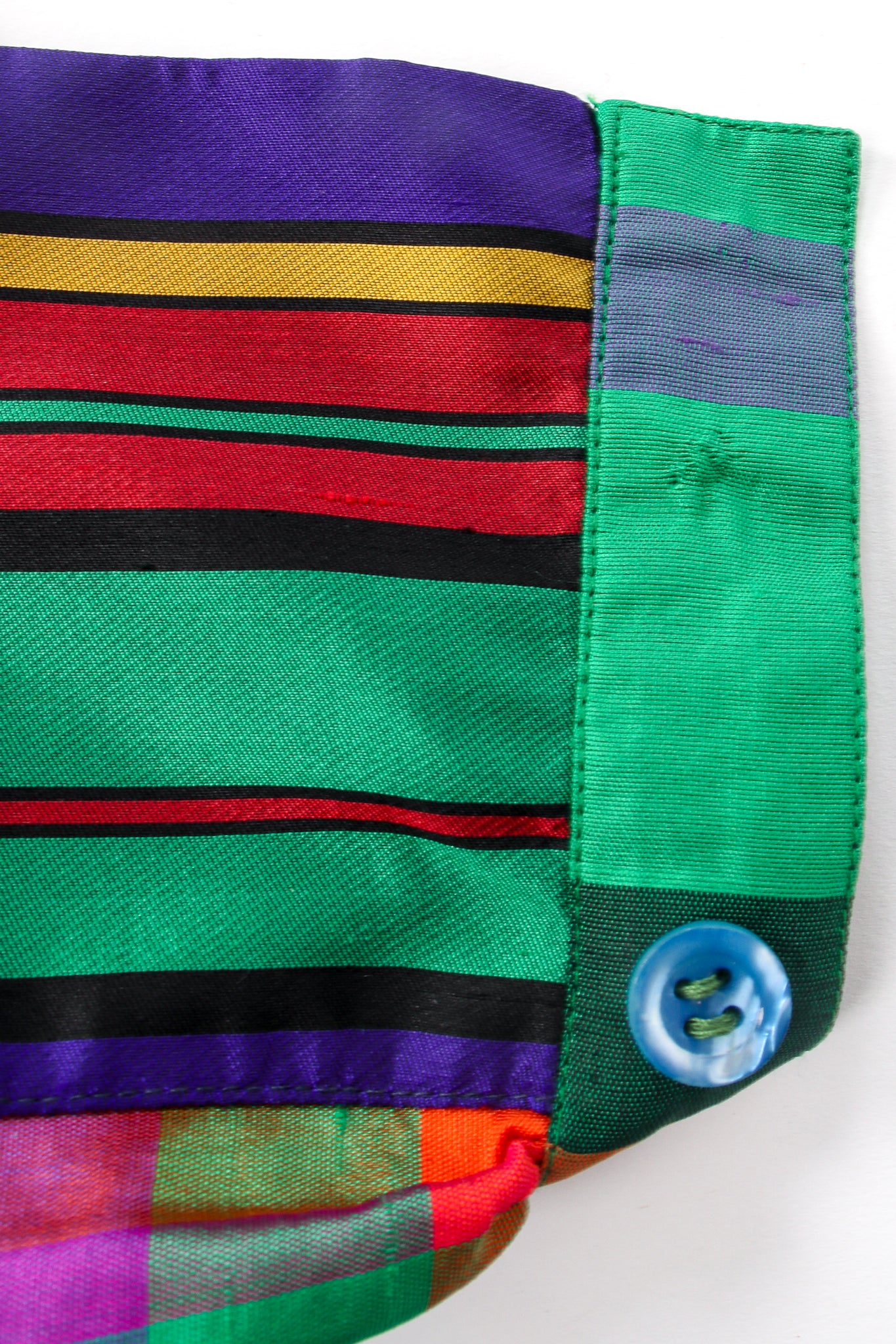 Vintage Guy Laroche Rainbow Plaid Silk Skirt Set waistband button at Recess Los Angeles