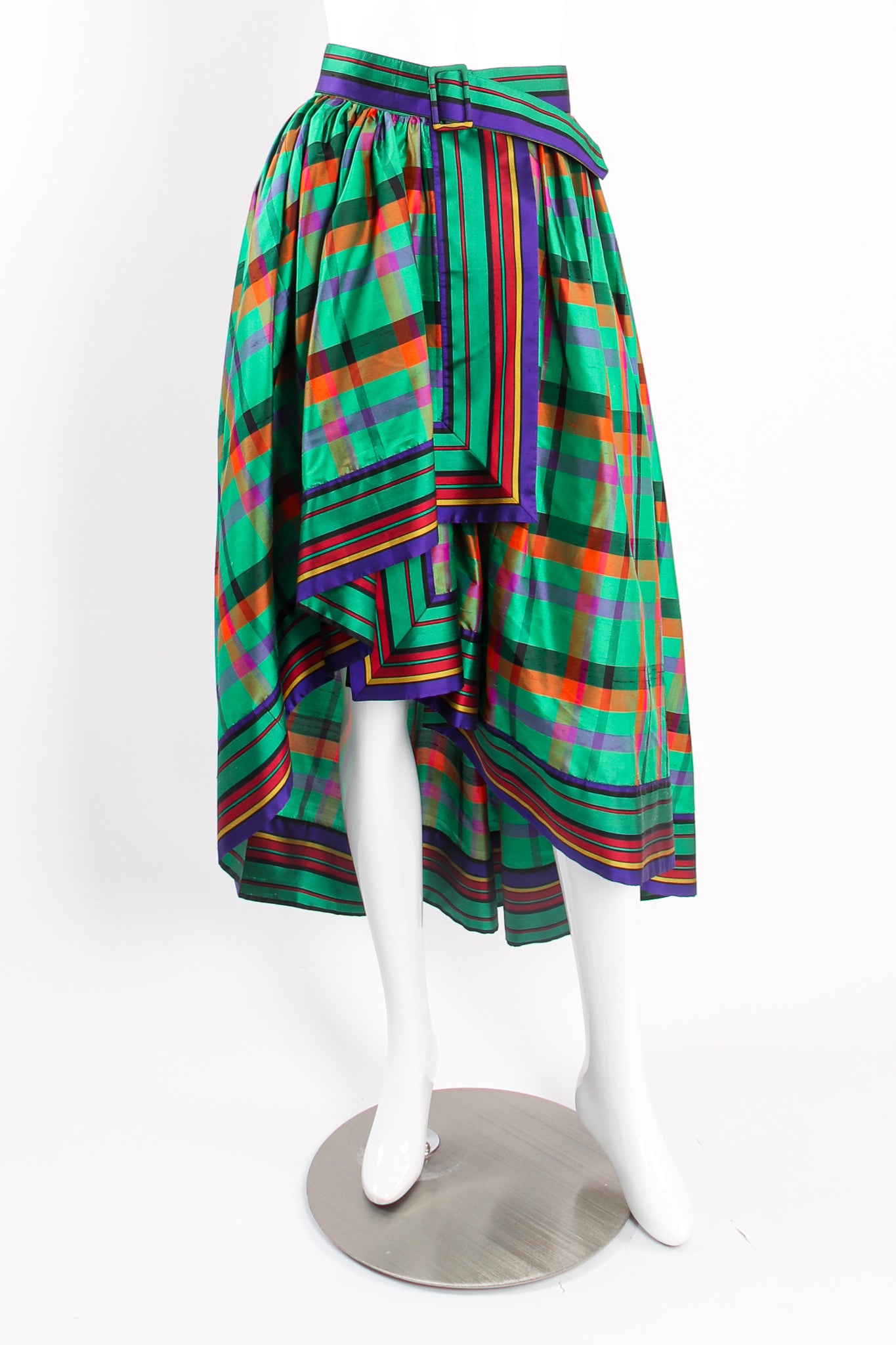 Vintage Guy Laroche Rainbow Plaid Silk Skirt Set with belt on mannequin front at Recess Los Angeles