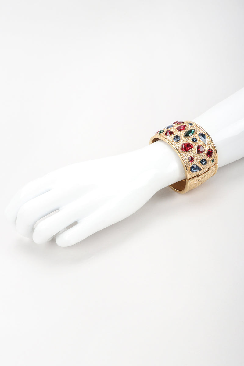 Recess Vintage Guy Laroche Gold Hinged Cuff Bracelet With Faux Gemstones on Mannequin Arm