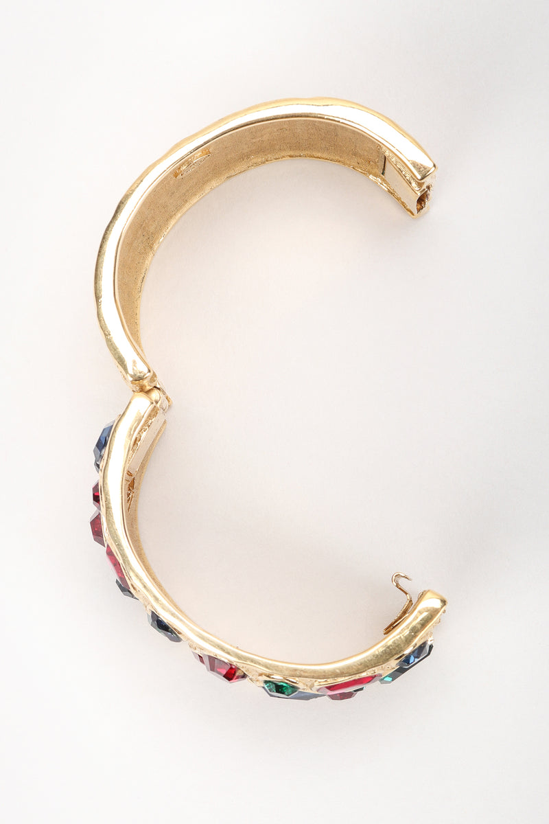 Recess Vintage Guy Laroche Gold Hinged Cuff Bracelet With Faux Gemstones, Overhead View Open