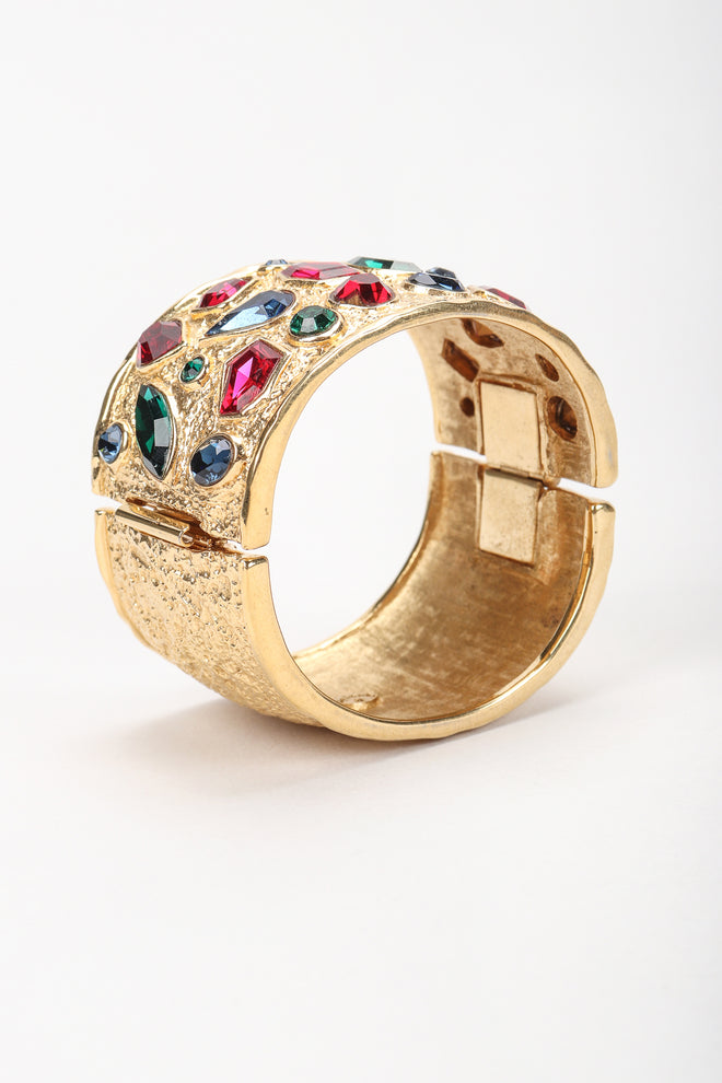 Recess Vintage Guy Laroche Gold Hinged Cuff Bracelet With Faux Gemstones Angled View