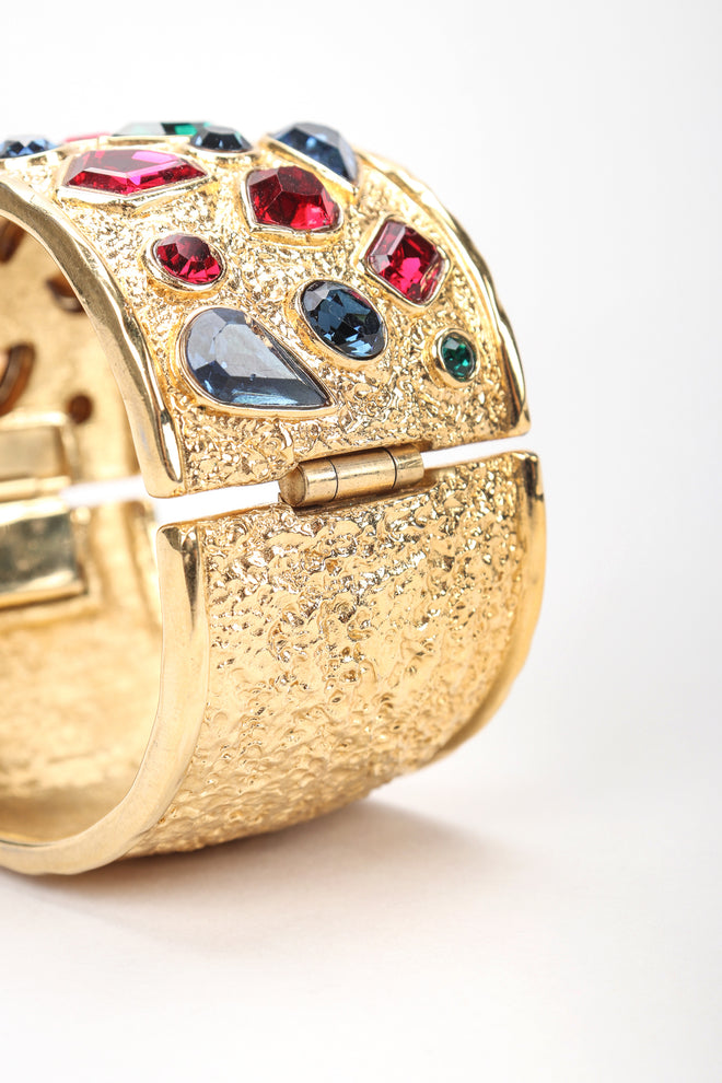 Recess Vintage Guy Laroche Gold Hinged Cuff Bracelet With Faux Gemstones, Hinge detail
