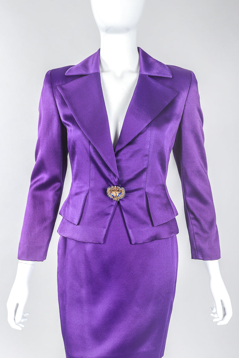 Recess Designer Consignment Vintage Genny Electric Purple Grape Satin Power Suit Jacket & Skirt Suit Los Angeles Resale