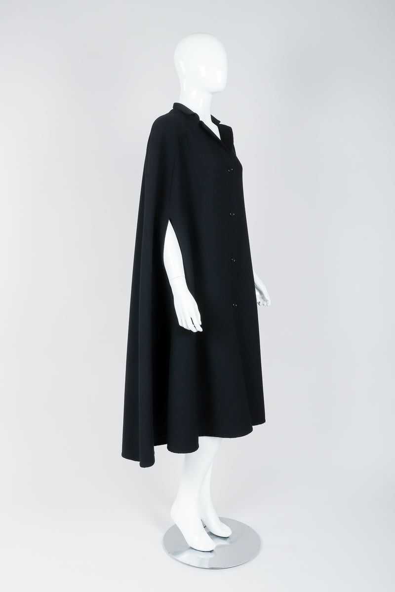 Vintage Halston Long Black Wool Cape side view on Mannequin At Recess Los Angeles