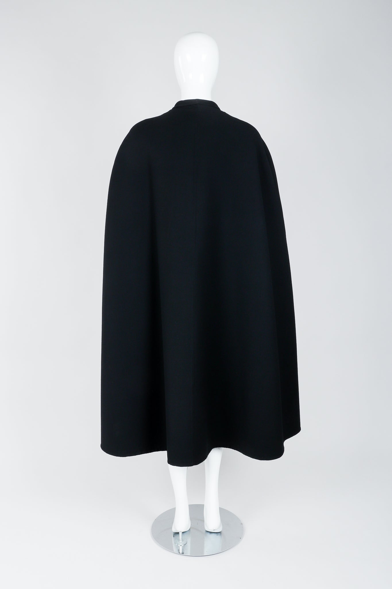 Vintage Halston Long Black Wool Cape back view on Mannequin At Recess Los Angeles