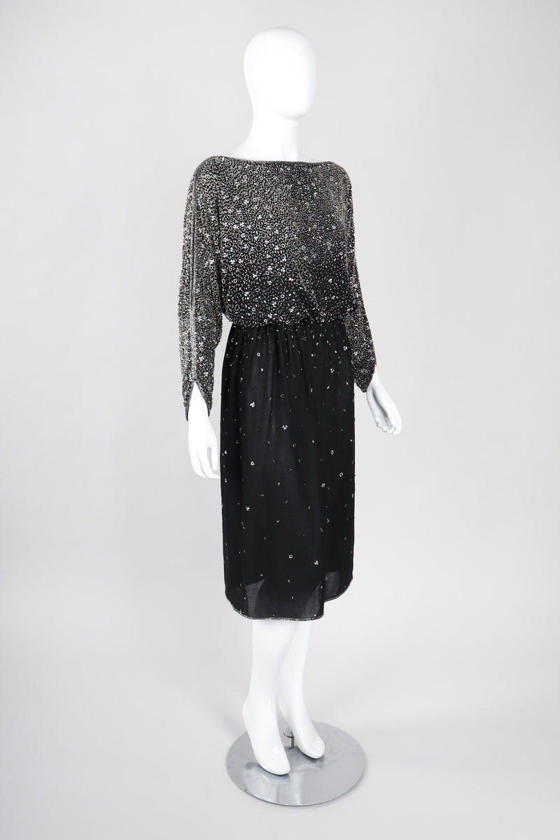 women's beaded dolman-sleeve dress Black Beaded Chiffon Ankle Length Gown With Dolman Sleeves