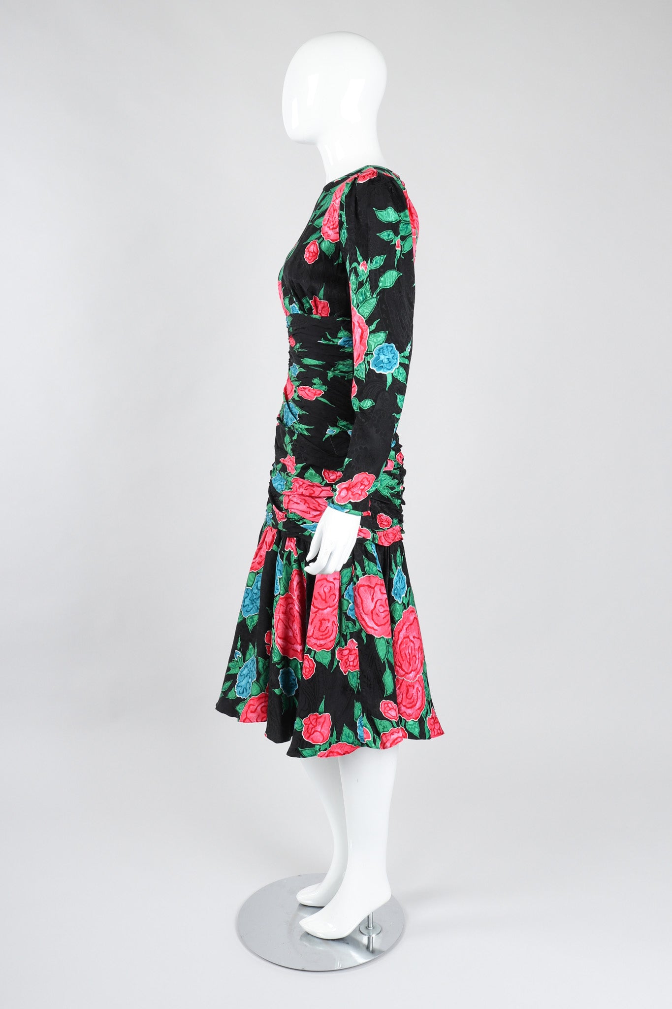 Recess Los Angeles Vintage Hanae Mori Ruched Roses Silk Dress
