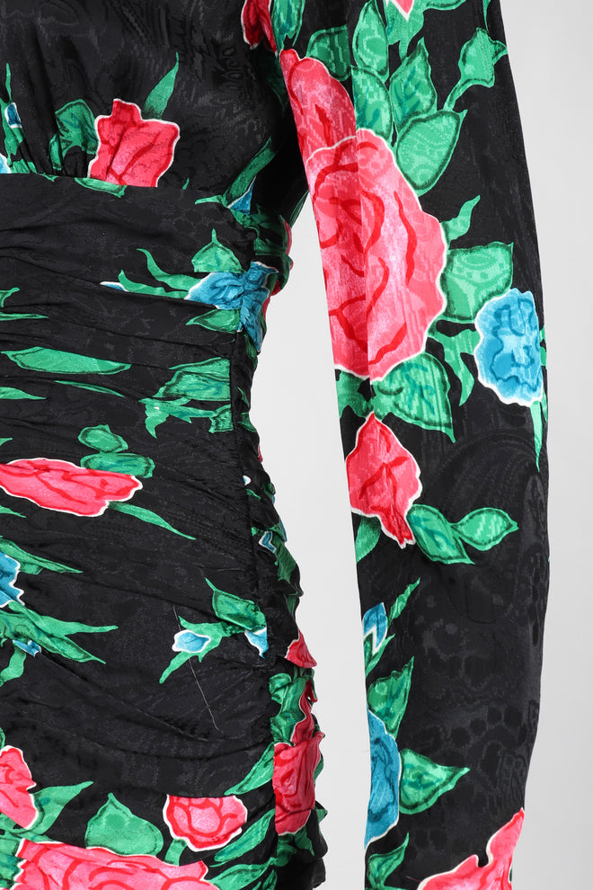 Recess Los Angeles Vintage Hanae Mori Ruched Roses Silk Dress
