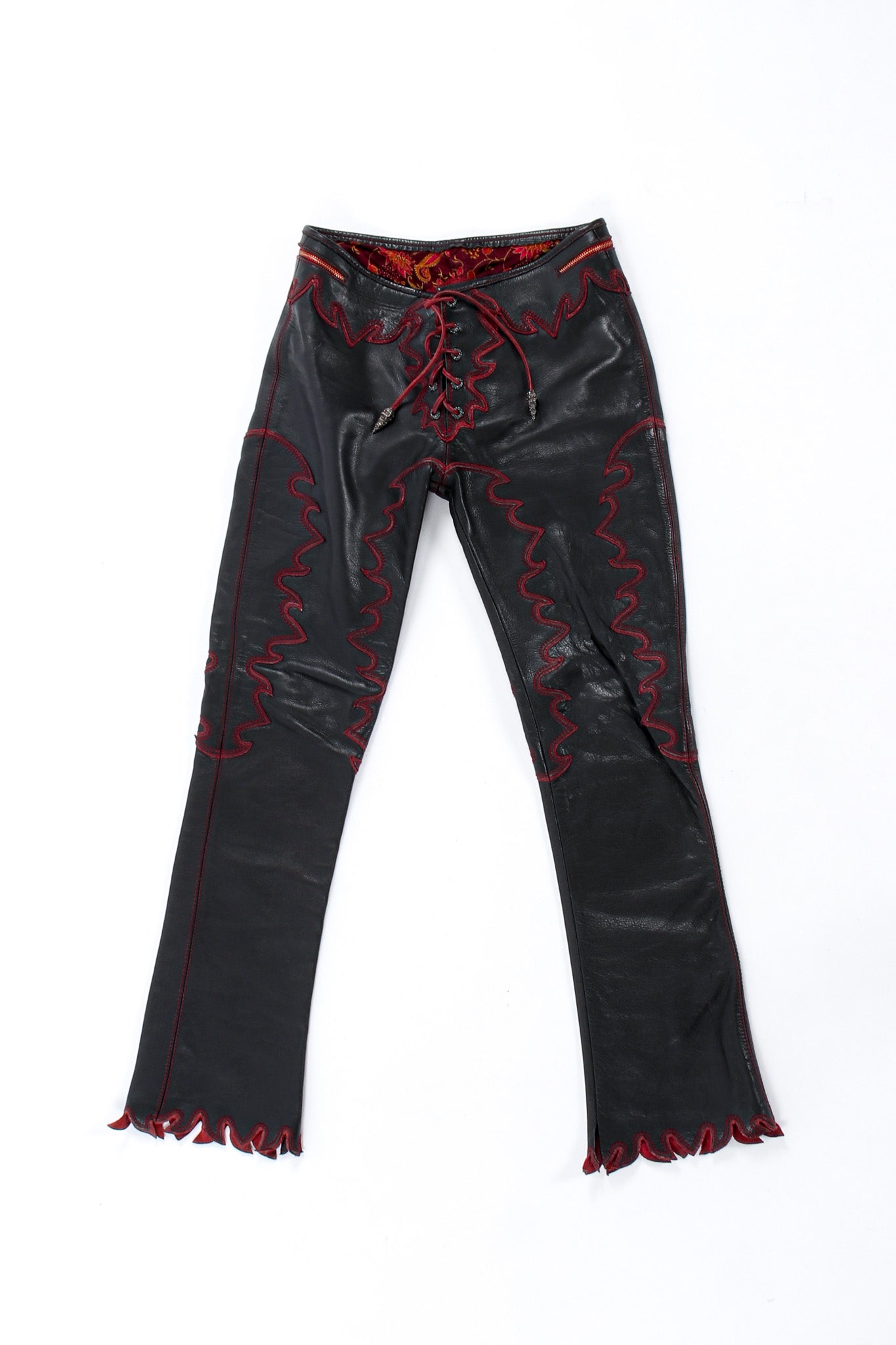 Artisanal Handmade Flame Lace Up Leather Pant front @ Recess LA