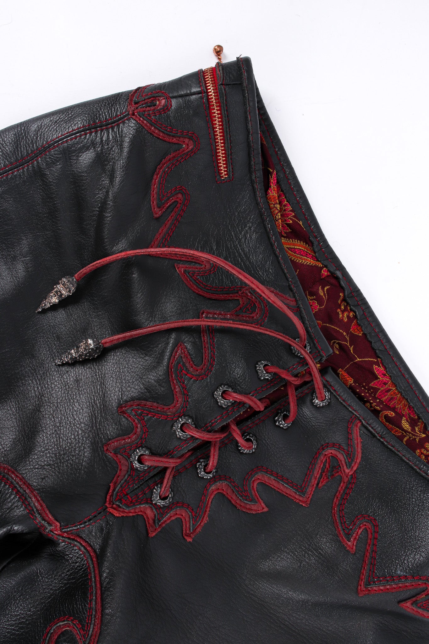 Artisanal Handmade Flame Lace Up Leather Pant lace up/lining close up @ Recess LA